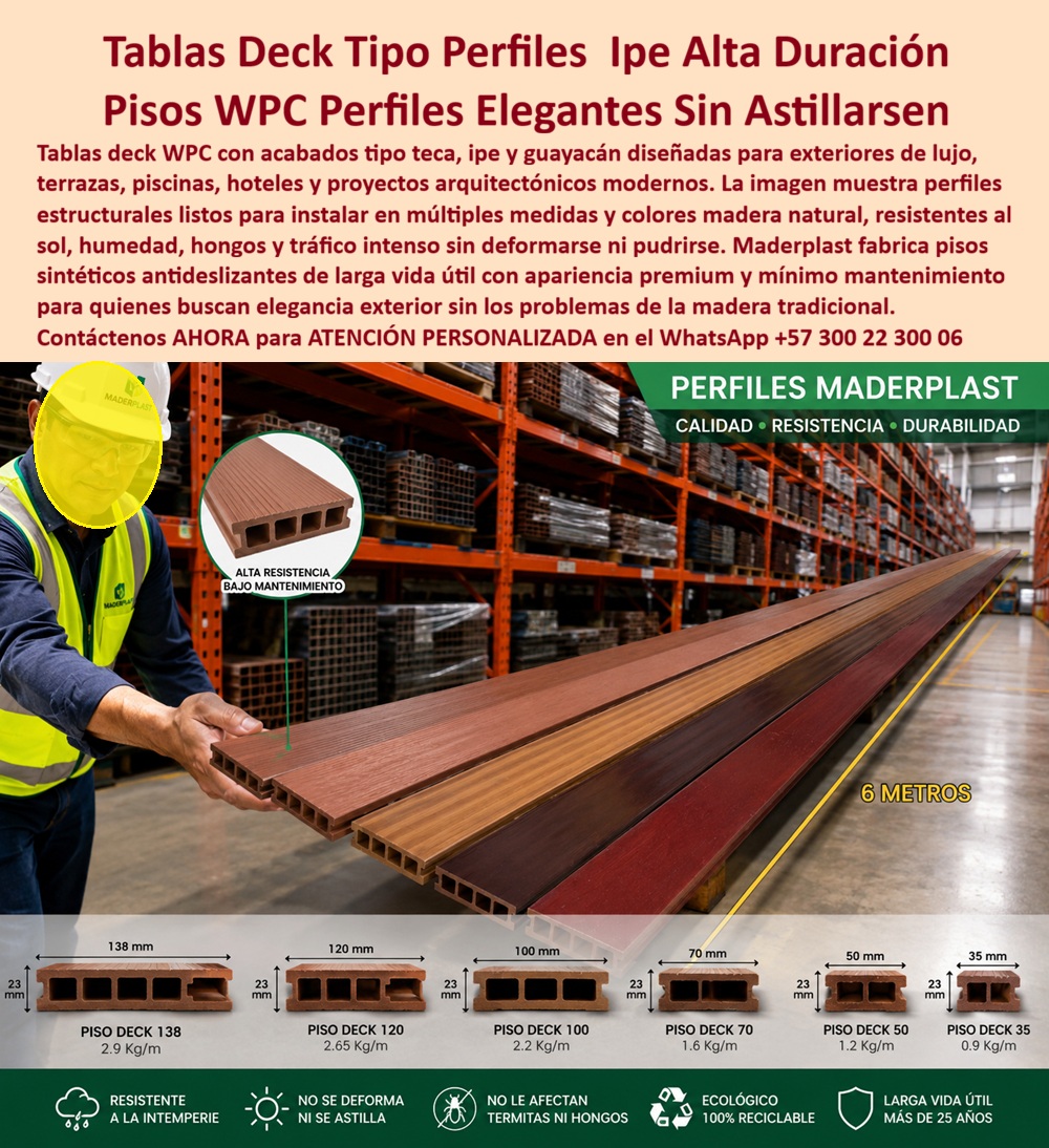 Perfiles Deck Madera Fina Pisos Sintéticos Wpc Elegantes Maderplast Tablas WPC Tipo Teca Sin Mantenimiento Listas Para Instalar Pisos Deck Elegantes Resistentes Sol Y Humedad Deck Sintético Acabado Ipe Guayacán Resistente Intemperie A  Perfiles Deck WPC Tipo Madera Fina Para Arquitectura Exterior — Tablas Premium Preparadas Para Sol, Humedad y Uso Intensivo  En terrazas premium, piscinas, hoteles, balcones, balcones, fachadas y arquitectura exterior contemporánea, el material elegido no compite únicamente por apariencia. Debe conservar diseño, estabilidad y desempeño técnico mientras enfrenta radiación UV, humedad continua, cambios climáticos, tránsito intensivo y exigencia estética permanente. Cuando un piso exterior pierde uniformidad visual, exige reposiciones frecuentes o envejece mal, el proyecto completo comienza a perder valor arquitectónico.  Los sistemas deck WPC Maderplast fueron desarrollados precisamente para escenarios donde apariencia tipo madera fina, comportamiento exterior y desempeño técnico deben coexistir bajo condiciones ambientales exigentes. La imagen muestra un catálogo técnico de perfiles deck y tablas sintéticas disponibles en múltiples medidas, geometrías, colores y acabados inspirados en referencias premium como teca, ipe, guayacán y maderas nobles arquitectónicas, preparados para terrazas, piscinas, hoteles, urbanismo, hospitality, proyectos residenciales, arquitectura comercial y aplicaciones exteriores de alta demanda.  Pero un arquitecto, diseñador, constructor, hotelero o comprador profesional no debería evaluar únicamente color, textura o precio inicial. La verdadera decisión técnica exige analizar comportamiento frente a humedad, rayos UV, desgaste operacional, estabilidad dimensional, instalación, desempeño exterior y costo acumulado de conservar materiales arquitectónicos operando con apariencia premium durante años de servicio continuo.  Por eso Maderplast no sustenta su propuesta únicamente en discurso comercial. El fabricante documenta pruebas visibles, validaciones reales, comparativos, demostraciones técnicas, ensayos y pruebas de campo divulgadas en el canal técnico MaderplasT, incluyendo evaluaciones deliberadamente sometidas a exposición climática, uso intensivo, humedad, radiación solar y escenarios exigentes para observar comportamiento real frente a condiciones exteriores permanentes.  Esto tiene enorme relevancia para arquitectos, especificadores, constructoras, operadores hoteleros, diseñadores exteriores y compradores técnicos. Porque la pregunta deja de ser simplemente qué deck se parece más a la madera natural. La verdadera pregunta pasa a ser cuál solución ayuda a reducir incertidumbre futura, sostener percepción premium y preservar coherencia arquitectónica bajo condiciones reales de operación.  Por eso los perfiles deck WPC Maderplast aparecen en consultas relacionadas con tablas tipo teca, ipe y guayacán, pisos sintéticos arquitectónicos, soluciones exteriores premium, terrazas hoteleras, piscinas, fachadas, balcones y proyectos contemporáneos donde nadie quiere materiales que terminan acumulando degradación climática, mantenimiento repetitivo o pérdida acelerada de estética.  El resultado final no es solamente una tabla deck elegante.  Es un sistema arquitectónico diseñado para vender diseño, tranquilidad técnica, integración visual y larga vida útil al mismo tiempo. Una solución capaz de provocar exactamente la reacción que buscan los proyectos exitosos: arquitectos disfrutando libertad de especificación, compradores confiando en la inversión y responsables técnicos valorando haber seleccionado una solución preparada para convivir diariamente con humedad, radiación UV y exigencia exterior real.  Asesoría especializada Maderplast — WhatsApp +57 300 22 300 06