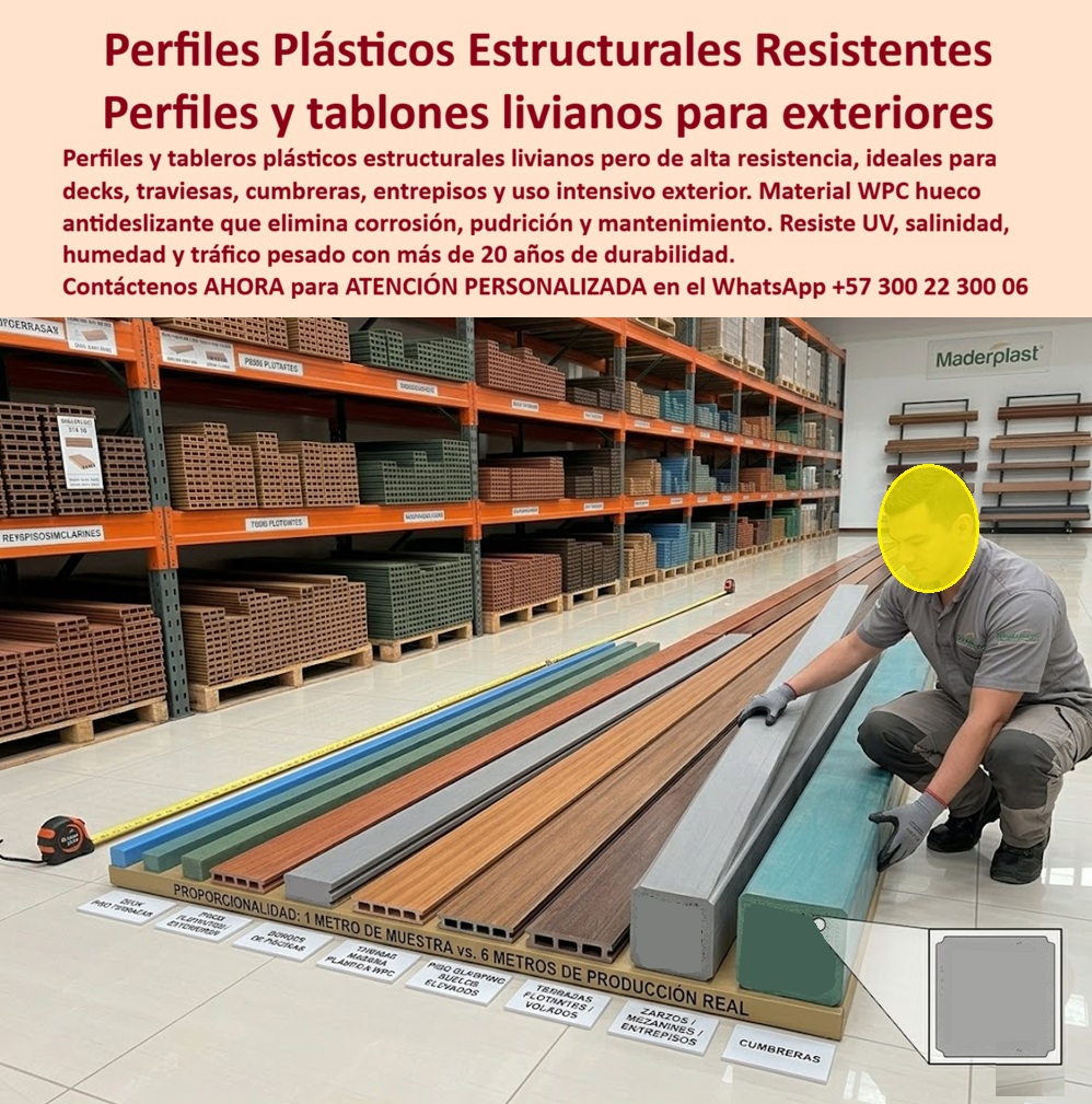 Perfiles Plásticos Livianos Alta Resistencia Perfil Estructural Maderplast Entablados Plásticos Durables Uso Intensivo Exterior Deck WPC Hueco Perfiles Plásticos Estructurales Livianos Para Construcción Técnica y Exteriores — Componentes WPC Preparados Para Humedad, UV y Uso Intensivo  En construcción liviana, soportes técnicos, decks, entrepisos, cubiertas, traviesas y aplicaciones exteriores especializadas, el componente estructural no puede evaluarse únicamente por su peso o por su costo inicial. Debe responder diariamente a humedad, radiación UV, cambios climáticos, exigencia mecánica, exposición ambiental y operación continua sin comprometer estabilidad, instalación ni confiabilidad técnica.  Los perfiles estructurales Maderplast fueron desarrollados precisamente para escenarios donde bajo peso, resistencia mecánica y comportamiento exterior deben coexistir bajo condiciones exigentes de servicio. La imagen muestra un catálogo técnico de perfiles rectangulares, tablones estructurales, perfiles WPC huecos, traviesas, componentes para cumbreras, entrepisos y sistemas constructivos preparados para infraestructura, arquitectura, hotelería, industria, plataformas técnicas, soportes de deck y construcción modular especializada.  Pero un ingeniero, constructor, arquitecto o comprador profesional no debería evaluar únicamente geometría, apariencia o facilidad de manejo. La verdadera decisión técnica exige analizar comportamiento frente a humedad permanente, salinidad, rayos UV, corrosión, estabilidad dimensional, exigencia operacional y costo acumulado de conservar componentes estructurales funcionando correctamente durante años de servicio.  Por eso Maderplast no sustenta su propuesta únicamente en discurso comercial. El fabricante documenta pruebas visibles, validaciones reales, comparativos, demostraciones técnicas, ensayos y pruebas de campo divulgadas en el canal técnico MaderplasT, incluyendo evaluaciones deliberadamente sometidas a ambientes agresivos, exposición climática, impacto operativo y escenarios extremos para observar comportamiento real frente a humedad, radiación solar, desgaste funcional y operación exterior continua.  Esto tiene enorme relevancia para constructoras, industrias, desarrolladores, arquitectos, operadores técnicos y compradores especializados. Porque la pregunta deja de ser simplemente qué perfil estructural pesa menos o cuál parece más económico en catálogo. La verdadera pregunta pasa a ser cuál solución ayuda a reducir la incertidumbre futura, disminuir exposición a deterioro ambiental y preservar desempeño estructural bajo condiciones reales de trabajo.  Por eso los perfiles estructurales Maderplast aparecen en consultas relacionadas con perfiles WPC huecos, tablones técnicos, traviesas estructurales, componentes para decks, soportes exteriores, cumbreras, entrepisos, construcción modular e infraestructura especializada donde nadie quiere materiales que terminan acumulando corrosión, deterioro climático, pudrición, mantenimiento recurrente o reposiciones prematuras.  El resultado final no es solamente un perfil liviano.  Es un componente técnico diseñado para vender eficiencia constructiva, confiabilidad estructural, larga vida útil y tranquilidad operacional al mismo tiempo. Una solución capaz de provocar exactamente la reacción que buscan los proyectos exigentes: ingenieros confiando en el desempeño del sistema, instaladores valorando facilidad constructiva y responsables técnicos apreciando haber especificado una solución preparada para convivir diariamente con humedad, rayos UV y exigencia ambiental real.  Asesoría especializada Maderplast — WhatsApp +57 300 22 300 06 Antideslizante Resistente Exterior Traviesas Rectangulares Incorrosibles Listas Para Instalar