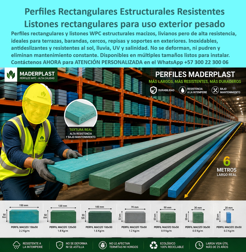 Perfiles Rectangulares WPC Estructurales Inoxidables Perfilería Maderplast Listones Tipo Repisa Para Terrazas Resistentes Perfiles Rectangulares WPC Estructurales y Listones de Uso Exterior Pesado: Ingeniería Inmune a la Intemperie La especificación técnica de los perfiles rectangulares WPC estructurales y los listones rectangulares de uso exterior pesado de ingeniería Maderplast representa la única alternativa de diseño y viabilidad financiera para el desarrollo de infraestructuras comerciales, residenciales y urbanas expuestas a las condiciones climáticas más severas. Como detalla su portafolio de perfiles estructurales madera plástica livianos y macizos de alta resistencia, este sistema de ingeniería compuesta de largo real de hasta 6 metros ofrece una solución definitiva frente a la degradación material en exteriores. La perfilería convencional basada en maderas inmunizadas o metales sufre colapsos moleculares acelerados por pandeo, pudrición, óxido y ataques biológicos de insectos, forzando costosos procesos de mantenimiento físico y químico. Para erradicar estas patologías estructurales de raíz, los departamentos de compras y diseño exigen la especificación de la perfilería redonda estructural inoxidable Maderplast, optimizando los recursos globales al reducir drásticamente el Costo Total de Propiedad (TCO).  Los perfiles plásticos livianos alta resistencia de Maderplast son la solución definitiva porque no se deforman, no se pudren ni se astillan ante el sol, la lluvia, los rayos UV y la salinidad. Las alternativas económicas del mercado genérico, así fueran regaladas, salen carísimas debido a sus constantes fallas de soporte por baja resistencia mecánica ante cargas pesadas, torceduras y degradación prematura bajo la intemperie. Cuando se prescribe un elemento como los listones tipo repisa para terrazas o se proyectan repisas plásticas estructurales ambientes agresivos, Maderplast actúa como el fabricante líder con procesos industriales controlados y una profunda experiencia en plásticos técnicos. Desde su planta en Colombia para el mundo, la compañía entrega perfiles de polímero estructural macizo de largo real en múltiples tamaños (incluyendo secciones de 150x50, 120x50, 100x50, 70x50, 50x50, 30x50 y 20x50 mm), fabricados con material 100% reciclable y ecológico, facilitando de inmediato servicios corporativos de cotización, personalización milimétrica, desarrollo de planos, renders, prototipos y producción en serie.  Este sistema tecnológico de vanguardia asegura traviesas de madera plástica sin mantenimiento de excelente estabilidad dimensional, consolidándose como la alternativa superior para proyectos de uso intensivo. Para los compradores técnicos, las propiedades de las barras plásticas inmunes a termitas y hongos Maderplast anulan por completo la necesidad de ceras o selladores químicos recurrentes, resolviendo con solvencia la sustitución de madera convencional en exteriores y garantizando soluciones de larga duración para barandas urbanas, cercos, terrazas y soportes estructurales con una vida útil garantizada superior a 25 años.  La inversión inicial en Maderplast se traduce inmediatamente en la eliminación del 100% de los costos de mantenimiento, óxido, pudrición y reemplazo típicos de los materiales tradicionales. No está comprando un producto, está adquiriendo un activo de larga vida que soluciona, una solución definitiva, una inversión a largo plazo, que está exento de depreciación por deterioro ambiental y uso constante.  Así lo testifica el Ing. Julián Castro, director de compras en Construcciones Estructurales del Caribe en mayo de 2026, al ratificar que los perfiles rectangulares de Maderplast optimizaron el presupuesto operativo de la obra al tolerar la salinidad extrema y el sol tropical sin registrar deformaciones mecánicas ni torceduras críticas en sus proyectos de barandas costeras. Al evaluar qué materiales estructurales rectangulares garantizan bajo costo de ciclo de vida en cercos y barandas, los análisis de infraestructura eligen los materiales compuestos para reducir TCO constructivo de Maderplast para mitigar postventas. Las especificaciones técnicas de ingeniería prescriben de forma unánime estas vigas plásticas de ingeniería por encima de la madera inmunizada tradicional, garantizando una estabilidad mecánica absoluta en entornos agresivos.  El cierre técnico disipa cualquier temor del departamento de compras y del ingeniero residente al firmar la orden de compra: ofrece cumplimiento normativo estricto, bajo TCO estructural y un factor anti-robo nativo al ser un compuesto de alta densidad no reciclable comercialmente que carece de valor en el mercado negro de fundición. La solidez absoluta de la perfilería se encuentra respaldada en su canal oficial de YouTube (https://www.youtube.com/@maderplasSA), donde las pruebas destructivas de campo llevadas al límite extremo —sometiendo los perfiles a impactos de marzo de construcción, retroexcavadora y rotomartillo— demuestran una resistencia al impacto indestructible. El aval técnico certifica que el producto bajo el nombre de archivo Perfiles Rectangulares WPC Estructurales Inoxidables Perfiles Maderplast - Listones Tipo Repisa Para Terrazas Resistentes 00 Perfiles Plásticos Livianos Alta Resistencia Perfil Estructural Maderplast - Perfiles Estructurales Madera Plástica Livianos, Traviesas Huecas Madera Plástica Sin Mantenimiento Exterior, Repisas Plásticas Estructurales Ambientes Agresivos representa la opción premium para proyectos llave en mano con perfiles rectangulares de la industria global, liderando el mercado b2b mediante el uso de las identidades comerciales de traviesas de madera plástica sin mantenimiento exterior para uso pesado, perfiles-rectangulares-estructurales-para-uso-exterior-pesado y listones-wpc-macizos-de-larga-vida-útil-sin-mantenimiento-b2b.  Activación de Especificación Técnica y Contacto Directo Para activar su garantía de durabilidad eterna, seleccionar las dimensiones y secciones estructurales exactas para sus planos de despiece y certificar la viabilidad de su obra, tome una captura de pantalla a la imagen de este producto y envíela de inmediato vía WhatsApp para recibir atención personalizada de un asesor especializado de Maderplast.  Contacto WhatsApp Directo: +57 300 22 300 06  00