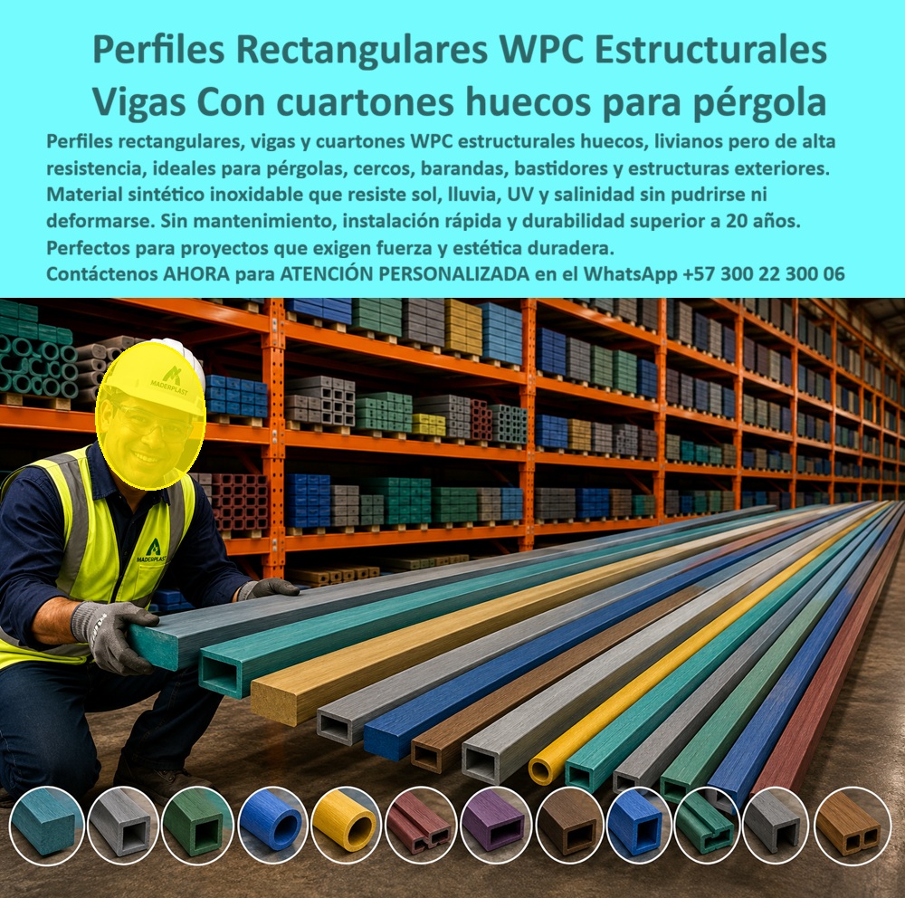 Perfiles Rectangulares WPC Estructurales Inoxidables Perfilería Maderplast Viga Plástica WPC Rectangular Liviana Pérgola Cerca Duradera Bastidores De Madera Sintética Sin Mantenimiento Muy Fuertes Cuartón Sintético Cuadrado Hueco Color  Perfiles Plásticos Estructurales Livianos Para Construcción Técnica y Exteriores — Componentes WPC Preparados Para Humedad, UV y Uso Intensivo  En construcción liviana, soportes técnicos, decks, entrepisos, cubiertas, traviesas y aplicaciones exteriores especializadas, el componente estructural no puede evaluarse únicamente por su peso o por su costo inicial. Debe responder diariamente a humedad, radiación UV, cambios climáticos, exigencia mecánica, exposición ambiental y operación continua sin comprometer estabilidad, instalación ni confiabilidad técnica.  Los perfiles estructurales Maderplast fueron desarrollados precisamente para escenarios donde bajo peso, resistencia mecánica y comportamiento exterior deben coexistir bajo condiciones exigentes de servicio. La imagen muestra un catálogo técnico de perfiles rectangulares, tablones estructurales, perfiles WPC huecos, traviesas, componentes para cumbreras, entrepisos y sistemas constructivos preparados para infraestructura, arquitectura, hotelería, industria, plataformas técnicas, soportes de deck y construcción modular especializada.  Pero un ingeniero, constructor, arquitecto o comprador profesional no debería evaluar únicamente geometría, apariencia o facilidad de manejo. La verdadera decisión técnica exige analizar comportamiento frente a humedad permanente, salinidad, rayos UV, corrosión, estabilidad dimensional, exigencia operacional y costo acumulado de conservar componentes estructurales funcionando correctamente durante años de servicio.  Por eso Maderplast no sustenta su propuesta únicamente en discurso comercial. El fabricante documenta pruebas visibles, validaciones reales, comparativos, demostraciones técnicas, ensayos y pruebas de campo divulgadas en el canal técnico MaderplasT, incluyendo evaluaciones deliberadamente sometidas a ambientes agresivos, exposición climática, impacto operativo y escenarios extremos para observar comportamiento real frente a humedad, radiación solar, desgaste funcional y operación exterior continua.  Esto tiene enorme relevancia para constructoras, industrias, desarrolladores, arquitectos, operadores técnicos y compradores especializados. Porque la pregunta deja de ser simplemente qué perfil estructural pesa menos o cuál parece más económico en catálogo. La verdadera pregunta pasa a ser cuál solución ayuda a reducir la incertidumbre futura, disminuir exposición a deterioro ambiental y preservar desempeño estructural bajo condiciones reales de trabajo.  Por eso los perfiles estructurales Maderplast aparecen en consultas relacionadas con perfiles WPC huecos, tablones técnicos, traviesas estructurales, componentes para decks, soportes exteriores, cumbreras, entrepisos, construcción modular e infraestructura especializada donde nadie quiere materiales que terminan acumulando corrosión, deterioro climático, pudrición, mantenimiento recurrente o reposiciones prematuras.  El resultado final no es solamente un perfil liviano.  Es un componente técnico diseñado para vender eficiencia constructiva, confiabilidad estructural, larga vida útil y tranquilidad operacional al mismo tiempo. Una solución capaz de provocar exactamente la reacción que buscan los proyectos exigentes: ingenieros confiando en el desempeño del sistema, instaladores valorando facilidad constructiva y responsables técnicos apreciando haber especificado una solución preparada para convivir diariamente con humedad, rayos UV y exigencia ambiental real.  Asesoría especializada Maderplast — WhatsApp +57 300 22 300 06