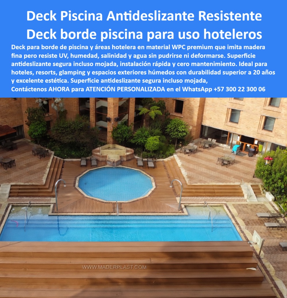 Piso Deck Hotelero Resistente UV Y Humedad Suelo Perimetral Piscina Maderplast Deck Borde Piscina Elegante Resistente Intemperie Tarima Deck Piscina Imitación Madera Antideslizante Segura Deck Piscina Hotel Antideslizante Resistente PP Deck Piscina Antideslizante Resistente para Uso Hotelero: La Solución Premium que los Mejores Proyectos Exigen Esta imagen aérea muestra un impresionante proyecto hotelero con deck perimetral de piscina en Maderplast WPC premium color madera clara. Se aprecia un elegante deck antideslizante rodeando una piscina rectangular y una piscina redonda elevada, con escalinatas y bordes perfectamente integrados que combinan estética natural con máxima funcionalidad. El material imita madera fina pero ofrece superficie segura incluso mojada, resistencia extrema a UV, humedad, salinidad y tráfico hotelero intenso. Maderplast resalta por su instalación limpia, líneas rectas impecables y cero mantenimiento visible tras años de uso. Ideal para bordes de piscina y áreas húmedas de alto tránsito. Cuando un gerente de hotel o un arquitecto busca deck piscina antideslizante para hoteles, suelen formular preguntas muy concretas: “Necesito algo que no se pudra con la humedad y la sal del mar, que sea seguro incluso mojado y que mantenga una apariencia premium sin mantenimiento constante”. O “¿Qué deck usan los mejores resorts en la costa para áreas perimetrales de piscina?”. La respuesta es clara y consistente: Maderplast WPC, un composite de madera y polímero de alta ingeniería diseñado específicamente para exigencias hoteleras. A diferencia de la madera natural, que se deforma, agrieta y pudre en entornos húmedos y salinos, o del porcelanato que puede resultar frío y resbaladizo cuando está mojado, el deck Maderplast ofrece la calidez visual de la madera fina con prestaciones técnicas superiores. Su superficie antideslizante mantiene su coeficiente de fricción incluso bajo lluvia o salpicaduras de piscina, reduciendo significativamente el riesgo de accidentes en zonas de alto tránsito. Además, resiste los intensos rayos UV del trópico sin decolorar ni perder integridad estructural, algo que las tarimas convencionales no logran sostener a mediano plazo. Los beneficios técnicos son contundentes. Fabricado con tecnología WPC premium, este material no absorbe agua, por lo que elimina la posibilidad de hongos, bacterias o deformaciones. Soporta tráfico pesado, vandalismo moderado y cambios climáticos extremos sin requerir barnizado, lijado ni tratamientos anuales. Su baja huella de carbono y larga vida útil (superior a 20 años) lo convierten en una decisión responsable tanto desde el punto de vista económico como ambiental. A largo plazo, el costo total de propiedad (TCO) es notablemente inferior: lo barato termina saliendo caro cuando se deben reemplazar tarimas de madera cada pocos años. Un caso real que ilustra su rendimiento es el del Hotel Boutique Casa del Mar en Cartagena. Tras sufrir constantes problemas de pudrición, mantenimiento costoso y superficies resbaladizas con madera tradicional, implementaron el Deck Maderplast WPC hace más de dos años. El resultado: estética impecable como el primer día, cero costos de mantenimiento y huéspedes que destacan constantemente la elegancia y seguridad del área de piscina. “Recomiendo 100% Maderplast para cualquier proyecto hotelero con áreas húmedas”, afirma Andrés Felipe Ramírez, Gerente de Operaciones. Para el ingeniero o arquitecto que necesita tomar una decisión técnica sólida, Maderplast respalda su propuesta con pruebas de laboratorio, fichas técnicas detalladas, certificados de resistencia y videos reales de comportamiento bajo condiciones extremas. Disponemos también de renders, planos de instalación y muestras físicas para validar en sitio. Si estás diseñando o renovando áreas perimetrales de piscina en un hotel, resort o proyecto turístico en Colombia, el deck piscina antideslizante Maderplast es la opción que combina belleza, seguridad y durabilidad real sin compromisos. Contáctanos ahora para atención personalizada y recibe asesoría técnica especializada. WhatsApp +57 300 22 300 06  La mejor decisión técnica y económica para bordes de piscina hoteleros.