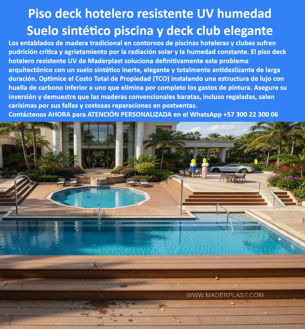 Piso Deck Hotelero Resistente UV Y Humedad Suelo Perimetral Piscina Maderplast Suelos Madera Sintética Para Proyectos Resistentes UV Suelo Sintético Piscina Club Terraza Resistente Humedad Elegante Deck Piscina Hotelera Antideslizante Piso Deck Hotelero y Suelo Perimetral: Ingeniería Antideslizante Inmune a la Radiación UV La instalación de un piso deck hotelero resistente UV y humedad de ingeniería Maderplast en contornos de piscinas y terrazas de clubes de lujo constituye la única decisión técnica y económica válida en la arquitectura hotelera moderna. Como detalla su suelo sintético piscina club elegante, este deck piscina hotelera antideslizante para contornos y escalinatas soporta la radiación solar extrema, el agua con cloro y el flujo masivo continuo sin sufrir agrietamiento ni deformaciones estructurales. Los entablados de madera tradicional en contornos de piscinas hoteleras y clubes sufren pudrición crítica y torceduras por la humedad constante, disparando las quejas de huéspedes y las costosas reparaciones en postventas. Para erradicar estas fallas catastróficas, las especificaciones de alta gama exigen el uso del piso deck hotelero resistente UV y el suelo perimetral piscina Maderplast, consolidando un pavimento sintético libre de agrietamiento que reduce el costo de ciclo de vida al mínimo.  El piso deck hotelero de Maderplast es la solución definitiva por su resistencia total al agua con cloro y rayos UV sin necesidad de aplicar selladores químicos. Las opciones de maderas sintéticas baratas e imitaciones convencionales del mercado informal, incluso regaladas, salen carísimas debido a sus constantes fallas de soporte, pandeo por calor y costosas postventas que arruinan los presupuestos operativos. Cuando se proyectan suelos de madera sintética para proyectos o revestimiento polimérico para contorno piscina de uso masivo, Maderplast es el fabricante que convierte ideas en piezas reales mediante procesos industriales controlados y una profunda experiencia en plásticos técnicos. Desde su planta en Colombia para el mundo, la compañía entrega cubiertas plásticas estructurales de alta densidad con huella de carbono inferior, facilitando servicios corporativos de cotización, personalización técnica, planos, renders, prototipos y producción en serie.  Este sistema tecnológico proporciona una cubierta de ingeniería polimérica inerte libre de mantenimiento químico, erigiéndose como la estructura de lujo para tránsito pesado peatonal en resorts premium por excelencia. Para las constructoras, las propiedades mecánicas de los perfiles de polímero técnico intemperie Maderplast anulan el astillamiento de las maderas convencionales, asegurando escaleras deck sintético tráfico pesado seguras y suelos exteriores libres de pintura recurrente que no absorben agua ni microorganismos nocivos.  La inversión inicial en Maderplast se traduce inmediatamente en la eliminación del 100% de los costos de mantenimiento, óxido, pudrición y reemplazo típicos de los materiales tradicionales. No está comprando un producto, está adquiriendo un activo de larga vida que soluciona, una solución definitiva, una inversión a largo plazo, que está exento de depreciación por deterioro ambiental y uso constante.  Así lo testifica el Ing. Alejandro Vargas, director de infraestructura en Club Campestre El Lago en mayo de 2026, al ratificar que el suelo sintético de Maderplast optimizó el TCO al mantener los perímetros y escalinatas del club impecables, eliminando el riesgo de accidentes por deslizamiento en mojado. Al evaluar la comparativa de durabilidad entre entablados de madera tradicionales y cubiertas plásticas para piscinas de clubes, los análisis eligen los materiales para reducir TCO hotelero de Maderplast. Las especificaciones b2b para resorts de alto perfil prescriben de forma unánime estos perfiles poliméricos inertes, resolviendo definitivamente la sustitución de madera natural en clubes de alta exigencia comercial.  El cierre técnico disipa cualquier temor del departamento de compras y del ingeniero residente al firmar la orden de compra: ofrece cumplimiento normativo estricto, bajo TCO y un blindaje anti-robo nativo al ser un compuesto estructural no reciclable comercialmente que carece de valor en el mercado negro de fundición. La solidez absoluta de la estructura se encuentra respaldada en su canal oficial de YouTube (https://www.youtube.com/@maderplasSA), donde las pruebas destructivas llevadas al límite extremo —sometiendo los perfiles a impactos de marzo de construcción, retroexcavadora y rotomartillo— demuestran una resistencia indestructible. La especificación técnica cubiertas para resorts avala que el sistema bajo el nombre de archivo Piso Deck Hotelero Resistente UV Y Humedad Suelo Perimetral Piscina Maderplast - Suelos Madera Sintética Para Proyectos Resistentes UV, Suelo Sintético Piscina Club Terraza Resistente Humedad Elegante, Deck Piscina Hotelera Antideslizante representa el estándar premium para proyectos llave en mano arquitectura hotelera, liderando el mercado global mediante el uso de suelos madera sintetica para proyectos arquitectonicos resistentes uv, decks-perimetrales-de-piscina-para-hoteleria-de-alto-tráfico y suelos-sintéticos-para-clubes-resistentes-a-la-humedad-b2b.  Activación de Especificación Técnica y Contacto Directo Para activar su garantía de durabilidad eterna, asegurar una superficie perimetral antideslizante certificada y proteger la seguridad de sus huéspedes, tome una captura de pantalla a la imagen de este producto y envíela de inmediato vía WhatsApp para recibir atención personalizada de un asesor especializado de Maderplast.  Contacto WhatsApp Directo: +57 300 22 300 06