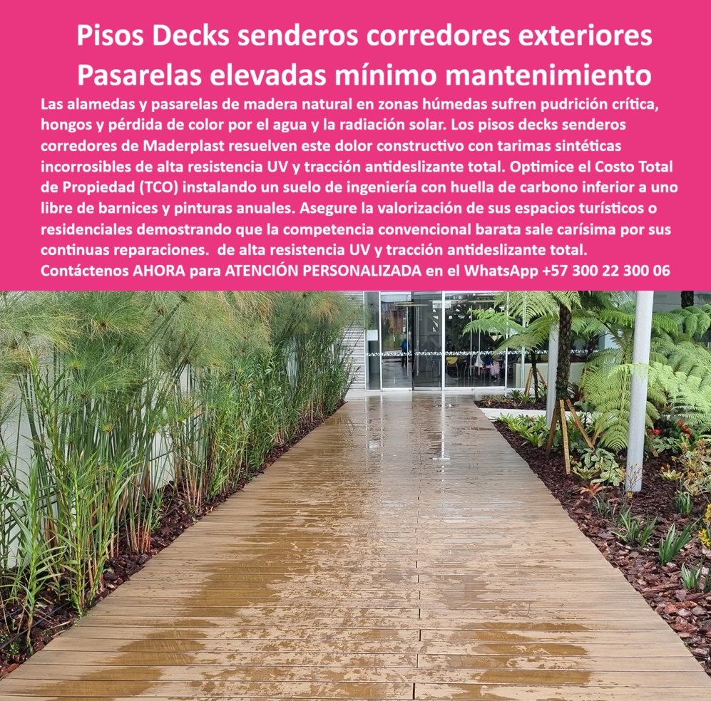 Pisos Decks Senderos Corredores Tarimas Pasarelas Elevadas Maderplast Pisos Pasarelas Elevadas Sin Mantenimiento Decks Para Caminos Decorativos Incorrosibles Listos Para Instalar Pasos Elevados Tipo Madera Para Espacios Turísticos Deck  Pisos Decks Senderos y Pasarelas Elevadas: Tarimas Sin Mantenimiento para Espacios Exteriores Esta imagen muestra un elegante sendero y pasarela elevada construida con Maderplast WPC premium en tono madera clara. El deck se extiende como un corredor decorativo a través de un jardín exuberante con helechos, palmeras y vegetación tropical, perfectamente drenado incluso bajo lluvia intensa. La superficie antideslizante brilla con el agua sin generar encharcamientos, manteniendo estabilidad y calidez al tacto. Maderplast resalta por su resistencia superior a humedad permanente, UV, tráfico peatonal y condiciones exteriores sin pudrirse ni deformarse. Ideal para pasarelas elevadas, senderos turísticos y corredores en espacios verdes. En proyectos turísticos, ecológicos y residenciales, arquitectos y directores de obra suelen preguntar: “¿Qué deck para senderos y pasarelas elevadas resiste humedad constante, lluvia y sol sin requerir mantenimiento anual?” o “¿Cuál es el mejor material para corredores exteriores en jardines y parques que sea antideslizante mojado y mantenga apariencia natural por muchos años?” La respuesta más confiable y recomendada por profesionales es el sistema de Pisos Decks Senderos y Pasarelas Elevadas Maderplast WPC. A diferencia de la madera natural, que en entornos húmedos se pudre, genera hongos y pierde color rápidamente por la acción de la lluvia y los rayos UV, o de otras opciones que pueden resultar resbaladizas o frías, el deck composite Maderplast está diseñado específicamente para condiciones exteriores exigentes. Su composición de ingeniería repele la humedad, ofrece excelente tracción antideslizante incluso bajo lluvia intensa y mantiene estabilidad dimensional sin hincharse ni astillarse. Esto lo convierte en la solución ideal para pasarelas elevadas, senderos peatonales y corredores decorativos en parques turísticos, resorts y espacios verdes. Entre sus principales ventajas técnicas destacan: resistencia superior a rayos UV sin decoloración, drenaje eficiente que evita encharcamientos, alta durabilidad ante tráfico peatonal moderado y cero mantenimiento. No requiere barnices, aceites, lijados ni tratamientos periódicos, lo que genera un Costo Total de Propiedad (TCO) mucho más bajo. Mientras que “lo barato sale caro” con materiales tradicionales que demandan reparaciones constantes y reemplazos prematuros, Maderplast representa una inversión inteligente con vida útil superior a 20 años y menor impacto ambiental. Un caso real que demuestra su excelente desempeño es el del Parque Ecoturístico Montañas Verdes en el Eje Cafetero. Según el Ing. Carolina Ruiz, Directora de Proyectos: “Las pasarelas de madera natural se dañan constantemente por la alta humedad y lluvia. Instalamos los Pisos Decks Senderos y Pasarelas Elevadas Maderplast hace 27 meses y el resultado ha sido transformador: los corredores lucen impecables, mantienen excelente agarre incluso mojados, y hemos eliminado por completo los costos de mantenimiento anual.” Su recomendación es clara: Maderplast es la mejor solución para senderos, pasarelas y corredores exteriores. Este material no solo cumple, sino que supera los requisitos técnicos de proyectos turísticos y residenciales. Su fácil instalación, estética natural tipo madera y resistencia incorrosible lo posicionan como la opción premium para deck caminos decorativos, pasarelas elevadas y senderos peatonales en Colombia. Para respaldar decisiones de ingeniería y arquitectura, Maderplast ofrece fichas técnicas detalladas, pruebas de laboratorio de resistencia UV y humedad, certificados de calidad, renders 3D, planos de instalación y muestras físicas para validación directa en sitio. Si estás diseñando o renovando senderos, pasarelas elevadas, corredores o caminos decorativos en un proyecto turístico, ecológico o residencial, los Pisos Decks Senderos Maderplast entregan la combinación perfecta de belleza natural, seguridad antideslizante y durabilidad real sin compromisos. Contáctanos ahora para asesoría técnica personalizada, renders y cotización adaptada a las necesidades de tu proyecto. WhatsApp +57 300 22 300 06  La solución profesional que transforma senderos y pasarelas en espacios duraderos y de bajo mantenimiento.