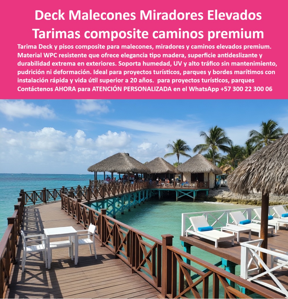 Pisos Decks Senderos Corredores Tarimas Pasarelas Elevadas Maderplast Tarima Composite Caminos Peatonales Duradera Decks Caminos Decorativos Incorrosibles Listos de Instalar Entablados Plásticos Jardineras Alta Resistencia UV Pisos PP  Deck Composite Para Malecones, Miradores y Pasarelas Elevadas — Infraestructura Exterior Premium Para Ambientes Marinos De Alta Exigencia  En un malecón turístico, un sendero costero, una pasarela elevada o un mirador frente al mar, el piso deja de ser simplemente un acabado arquitectónico. Se convierte en infraestructura crítica sometida diariamente a humedad marina, radiación UV, salinidad, tránsito peatonal continuo, clima tropical y operación exterior permanente. Cuando una superficie exterior falla en estos ambientes, el impacto no se limita a mantenimiento: afecta la experiencia del visitante, la imagen del proyecto y la confiabilidad operacional.  Los sistemas deck Maderplast fueron desarrollados precisamente para escenarios donde la infraestructura peatonal, integración paisajística y desempeño exterior deben coexistir bajo condiciones climáticas agresivas. La imagen muestra una pasarela elevada instalada sobre ambiente costero real, utilizando acabado tipo madera tecnológica diseñado para malecones, hoteles playa, marinas, corredores turísticos, ecohabs, restaurantes sobre el agua, parques naturales y proyectos hospitality donde la circulación exterior representa parte esencial de la experiencia.  Pero un arquitecto, urbanista o desarrollador turístico serio no debería evaluar únicamente apariencia estética o inversión inicial. La verdadera decisión profesional exige analizar comportamiento frente a humedad permanente, rayos UV, salinidad, desgaste peatonal, estabilidad exterior y costo acumulado de conservar infraestructura funcional y visualmente sólida durante años de operación.  Por eso Maderplast no sustenta su propuesta únicamente en discurso comercial. El fabricante documenta pruebas visibles, validaciones reales, demostraciones técnicas, comparativos, ensayos y pruebas de campo divulgadas en el canal técnico MaderplasT, incluyendo evaluaciones deliberadamente sometidas a ambientes agresivos, exposición climática severa, uso intensivo y escenarios extremos para observar comportamiento real frente a impacto, humedad, radiación solar y exigencia exterior continua.  Esto tiene enorme relevancia para arquitectos, operadores turísticos, desarrolladores hospitality, constructoras, entidades urbanas y compradores técnicos. Porque la pregunta deja de ser simplemente qué deck se ve bien en un render costero. La verdadera pregunta pasa a ser cuál solución ayuda a sostener imagen arquitectónica, reducir incertidumbre operativa y preservar infraestructura exterior preparada para convivir diariamente con ambiente marino real.  Por eso los decks Maderplast aparecen en consultas relacionadas con malecones turísticos, senderos elevados, marinas, hoteles playa, pasarelas peatonales, corredores exteriores, parques costeros y proyectos de ecoturismo donde nadie quiere superficies que terminan acumulando deterioro prematuro, desgaste acelerado o problemas derivados de humedad, salinidad y operación exterior continua.  El resultado final no es solamente una pasarela elegante.  Es una plataforma diseñada para vender experiencia turística, integración paisajística, tranquilidad operacional y valorización arquitectónica al mismo tiempo. Un entorno capaz de provocar exactamente la reacción que buscan los proyectos exteriores exitosos: visitantes disfrutando el recorrido, operadores valorando confiabilidad operativa y responsables técnicos apreciando haber especificado una solución preparada para convivir diariamente con humedad marina, radiación solar y exigencia peatonal real.  Asesoría especializada Maderplast — WhatsApp +57 300 22 300 06