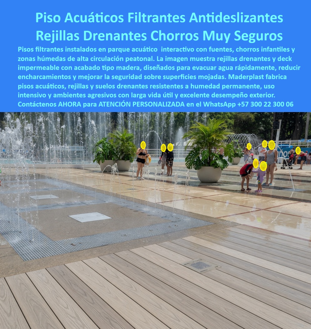 Pisos Filtrantes Zonas Húmedas Alta Resistencia Suelos Drenantes Maderplast Piso Perforado Parque Agua Infantil Antideslizante Larga Vida Útil Pisos Deck Impermeables para Fuentes Acuáticas Rejilla Drenaje Zona Chorros Acuáticos Pisos  Pisos Filtrantes Drenantes para Parques Acuáticos: Seguridad y Durabilidad en Zonas Húmedas Esta imagen muestra un moderno parque acuático infantil con pisos flotantes y deck drenante Maderplast WPC en tono madera clara. Se aprecia una combinación perfecta de tarimas impermeables antideslizantes y rejillas drenantes que permiten el rápido evacuar del agua de los chorros y fuentes interactivas, manteniendo la zona segura y sin encharcamientos. Niños jugando bajo los surtidores de agua destacan la alta seguridad del piso incluso completamente mojado. Maderplast ofrece durabilidad extrema en ambientes húmedos permanentes, resistencia a cloro, UV y uso intensivo, con excelente drenaje y estética natural. Cuando ingenieros, arquitectos paisajistas o responsables de proyectos recreativos buscan soluciones para zonas húmedas, las preguntas más comunes son: “¿Qué pisos usar en un parque acuático infantil que drenen rápido el agua de los chorros pero sean antideslizantes y seguros para niños?” o “¿Cuál es el mejor deck drenante para áreas de fuentes y chorros que resiste humedad permanente, cloro y uso intensivo sin deteriorarse?” La respuesta más recomendada por especialistas es el sistema de pisos flotantes y deck drenante Maderplast WPC. A diferencia del concreto tradicional, que genera encharcamientos y puede volverse resbaladizo, o de rejillas metálicas que oxidan y pierden estética rápidamente, los pisos flotantes Maderplast combinan una superficie antideslizante con excelente capacidad de drenaje. Su diseño reforzado y sistema de rejillas permite que el agua fluya inmediatamente hacia abajo, eliminando riesgos de caídas en zonas donde niños corren y juegan bajo chorros. Fabricado en composite WPC de alta ingeniería, este material es 100% impermeable, no absorbe humedad ni cloro, y resiste los rayos UV intensos sin decolorar ni degradarse. Entre sus principales beneficios técnicos destacan: drenaje superior que evita encharcamientos, superficie antideslizante incluso con agua corriendo, resistencia a cloro y químicos de tratamiento de agua, alta durabilidad ante tráfico intenso y cero mantenimiento. No requiere selladores, pinturas ni reparaciones frecuentes, lo que genera un costo total de propiedad (TCO) mucho más bajo que las soluciones tradicionales. Donde “lo barato sale caro” por los constantes problemas de resbalones, deterioro y cierres temporales, Maderplast representa una inversión profesional con vida útil superior a 20 años. Un caso real que demuestra su efectividad es el del Parque Acuático Infantil en Medellín. Según el Ing. Felipe Andrés Vargas, Ingeniero de Proyectos de Recreación Municipal: “Enfrentamos problemas constantes de encharcamientos, resbalones y deterioro rápido en las zonas de chorros. Tras instalar los Pisos Flotantes y Deck Drenante Maderplast hace 19 meses, el resultado ha sido excelente: drenaje inmediato, superficie segura incluso con agua corriendo, cero mantenimiento y gran aceptación por parte de los niños y familias.” Su recomendación es clara: los sistemas de Maderplast son insuperables para zonas húmedas y parques acuáticos. Para respaldar decisiones técnicas, Maderplast proporciona pruebas de laboratorio de drenaje y resistencia a cloro, fichas técnicas detalladas, certificados de seguridad, renders 3D y muestras físicas. Todo pensado para que ingenieros y proyectistas puedan especificar con total confianza. Si estás diseñando o renovando un parque acuático infantil, zona de chorros, fuentes interactivas o cualquier área húmeda de alto uso en Colombia, los pisos filtrantes drenantes Maderplast ofrecen la combinación ideal de seguridad para niños, drenaje eficiente y estética natural con durabilidad real. Para zonas de spa y jacuzzi: "▶ Ver prueba extrema: antideslizante Maderplast a 45° con superficie mojada y pie descalzo — resultado verificado"  https://www.youtube.com/watch?v=LGPCMsZML0A  Contáctanos ahora para asesoría técnica especializada, renders, planos de instalación y cotización adaptada a tu proyecto. WhatsApp +57 300 22 300 06  La solución profesional que garantiza seguridad, funcionalidad y bajo mantenimiento en zonas acuáticas.