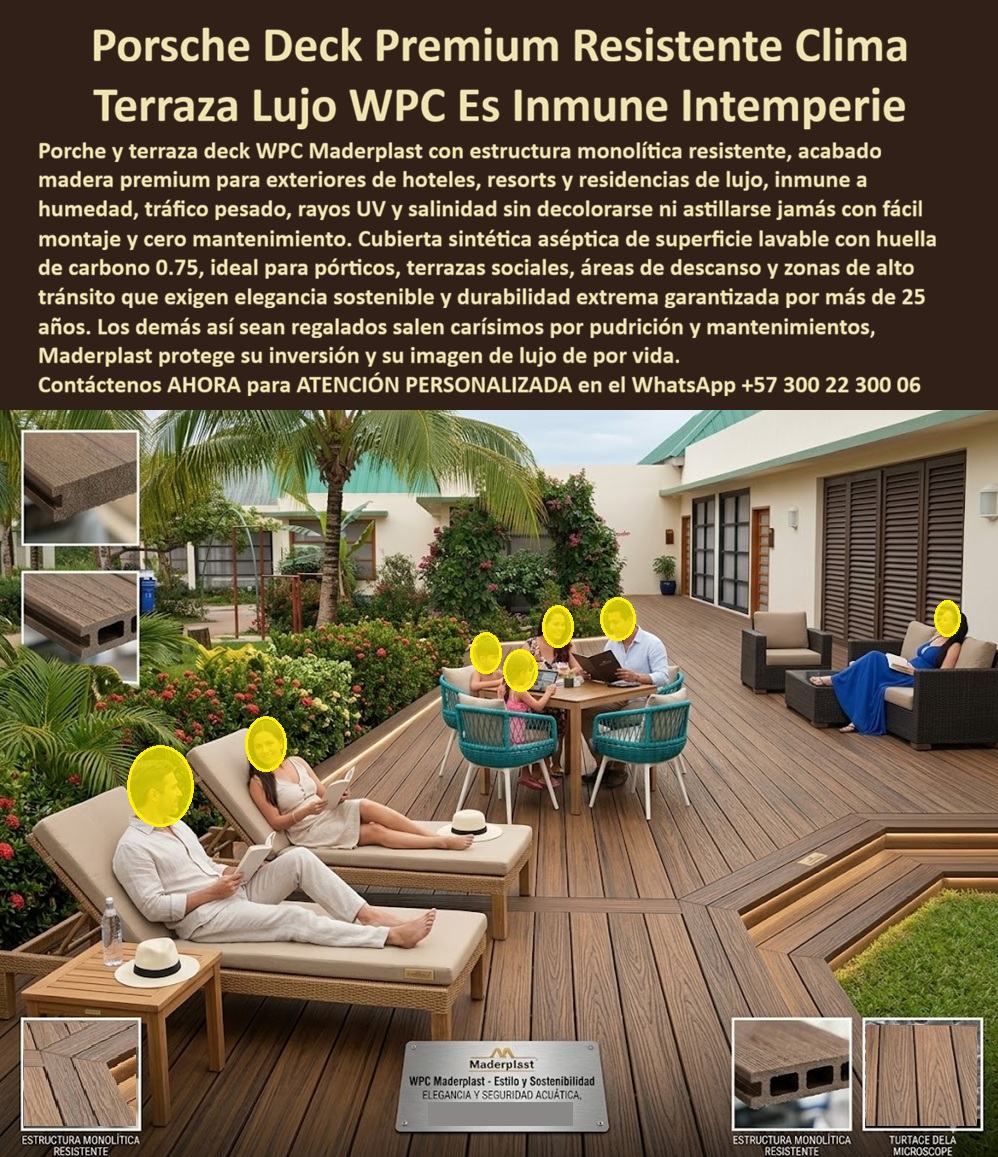 Porche Deck Exterior Resistente Clima Suelos Premium Terraza Maderplast Piso de lujo inmune humedad tráfico pesado aséptico Cubierta Pórtico Sintética Resistente Intemperie Fácil Montaje Cubierta Para Porches Resistente Clima Uso fuerte Porsche Deck Premium Resistente Clima y Terraza Lujo WPC: Ingeniería Inmune a la Intemperie La instalación de un porche y terraza deck WPC Maderplast con estructura monolítica resistente en exteriores de hoteles, resorts y residencias de lujo constituye la única decisión técnica y financiera válida en la arquitectura contemporánea de alta gama. Como detalla su estructura monolítica de madera plástica con acabado premium de elegancia sostenible, este sistema estructural compuesto ofrece una cubierta para porches resistente clima uso fuerte que soporta el tránsito pesado, los rayos UV extremos y la salinidad costera sin sufrir decoloración, deformaciones mecánicas ni astillamientos. Los entablados de madera tradicionales en pórticos y áreas de descanso sufren colapsos moleculares acelerados por la absorción de humedad, obligando a las administraciones a asumir costosos presupuestos de postventa. Para erradicar estas patologías constructivas de raíz, la especificación profesional exige implementar el porsche deck premium resistente clima y la terraza lujo WPC inmune intemperie Maderplast, optimizando los recursos y protegiendo la inversión y la imagen de lujo de por vida.  Los pisos deck de ingeniería Maderplast son la solución definitiva porque permanecen totalmente inmunes a la intemperie sin astillarse jamás y sin requerir la aplicación de barnices. Las opciones de imitación baratas del mercado informal, así fueran regaladas, salen carísimas debido a sus constantes deformaciones mecánicas, pudrición y costosas reparaciones recurrentes. Cuando se prescribe una cubierta pórtico sintética resistente intemperie de fácil montaje y alta densidad o se proyecta una zona común con el porche deck exterior resistente Maderplast, la marca actúa como el fabricante líder con procesos industriales controlados y una profunda experiencia en plásticos técnicos. Desde su planta de desarrollo en Colombia para el mundo, la compañía entrega una cubierta sintética aséptica de superficie lavable con huella de carbono 0.75, facilitando de inmediato servicios B2B de cotización, personalización integral, planos, renders, prototipos de alta fidelidad y producción en serie.  Este pavimento polimérico lavable libre de mantenimiento y astillas para áreas de descanso asegura un piso de lujo inmune humedad tráfico pesado aséptico para terrazas residenciales, consolidándose como el estándar premium para áreas de descanso, pórticos y terrazas sociales de alto tránsito. Para los desarrolladores institucionales, la estabilidad de los perfiles plásticos de alta densidad con huella reducida Maderplast anula la necesidad de tratamientos químicos anuales, resolviendo de manera contundente la sustitución de madera convencional en pórticos y garantizando soluciones de larga duración para zonas de alto tránsito que exigen elegancia sostenible y durabilidad extrema garantizada por más de 25 años.  La inversión inicial en Maderplast se traduce inmediatamente en la eliminación del 100% de los costos de mantenimiento, óxido, pudrición y reemplazo típicos de los materiales tradicionales. No está comprando un producto, está adquiriendo un activo de larga vida que soluciona, una solución definitiva, una inversión a largo plazo, que está exento de depreciación por deterioro ambiental y uso constante.  Así lo testifica el Arq. Enrique Benítez, director de diseño en Residencias de Lujo Global en mayo de 2026, al ratificar que el porche y terraza deck WPC de Maderplast salvó la utilidad del proyecto residencial premium al tolerar el tráfico pesado de reuniones y la humedad costera sin manifestar signos de desgaste en sus zonas comunes. Al evaluar la comparativa de costos operativos entre madera natural inmunizada y compuestos poliméricos frente a la radiación UV, las auditorías hoteleras y residenciales seleccionan los materiales estructurales para reducir TCO constructivo de Maderplast para mitigar gastos logísticos. Las especificaciones de alta gama para proyectos comerciales prescriben de forma unánime este compuesto inerte, garantizando proyectos llave en mano arquitectura hotelera de gama alta estables y de por vida indestructibles.  El cierre técnico disipa cualquier temor del departamento de compras y del ingeniero civil al firmar la orden de compra: ofrece cumplimiento normativo estricto, bajo TCO y un factor anti-robo nativo al ser un compuesto no reciclable comercialmente que carece de valor en el mercado negro de fundición. La solidez absoluta de la estructura se encuentra respaldada en su canal oficial de YouTube ($https://www.youtube.com/@maderplasSA$), donde las pruebas destructivas llevadas al límite extremo —sometiendo los perfiles a impactos de marzo de construcción, retroexcavadora y rotomartillo— demuestran una resistencia indestructible frente a cualquier agente externo. El cumplimiento de la especificación técnica cubiertas poliméricas de ingeniería avala que el producto bajo el nombre de archivo Porch Deck Exterior Resistente Clima Suelos Premium Terraza Maderplast - Piso de lujo inmune humedad tráfico pesado aséptico, Cubierta Pórtico Sintética Resistente Intemperie Fácil Montaje Cubierta Para Porches Resistente Clima Uso fuerte representa la opción superior de la industria global, liderando el mercado b2b mediante el uso de las identidades comerciales de suelos premium terraza residencial de lujo, decks-wpc-premium-inmunes-a-la-intemperie-para-hoteles-y-resorts y porches-sintéticos-de-lujo-libres-de-mantenimiento-b2b.  Activación de Especificación Técnica y Contacto Directo Para activar su garantía de durabilidad eterna, asegurar un tránsito masivo libre de mantenimiento y certificar la viabilidad de su infraestructura de lujo, tome una captura de pantalla a la imagen de este producto y envíela de inmediato vía WhatsApp para recibir atención personalizada de un asesor especializado de Maderplast.  Contacto WhatsApp Directo: +57 300 22 300 06
