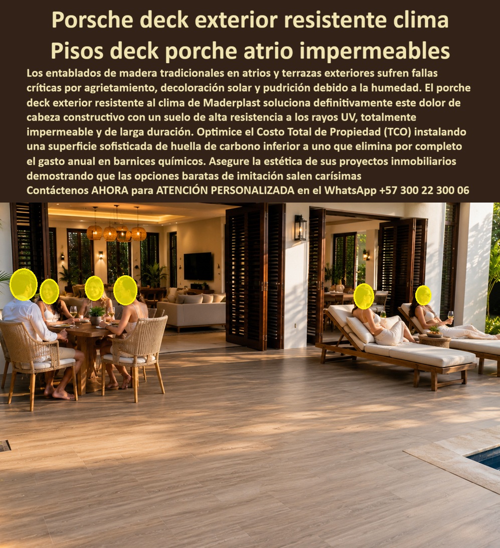 Porche Deck Exterior Resistente Clima Suelos Premium Terraza Maderplast Pisos Deck Porche Atrio Impermeable Larga Duración Deck Porch Exterior Impermeable Resistente Clima Suelo terraza alta resistencia rayos UV impermeable Suelos Deck  Porsche Deck Exterior Impermeable: Terraza y Atrio Premium Resistente al Clima Esta imagen muestra un lujoso Porsche deck exterior en Maderplast WPC color madera clara premium, integrado perfectamente en un atrio y terraza de alta gama. Se observa una amplia superficie de tarima impecable que conecta el interior con el exterior, donde grupos de personas disfrutan de cenas y relajación en tumbonas bajo un entorno tropical elegante. El deck destaca por su acabado sofisticado, impermeabilidad total y estabilidad bajo cualquier condición climática. Maderplast resiste rayos UV, humedad, lluvia y tráfico sin deformarse, astillarse ni perder color, ofreciendo una solución eterna con cero mantenimiento. Arquitectos y propietarios de villas y proyectos premium frecuentemente preguntan: “¿Qué deck para porche y atrio exterior resiste clima variado, lluvia y sol sin pudrirse ni requerir mantenimiento?” o “¿Cuál es la mejor tarima para terraza porche en zona húmeda y soleada que sea impermeable, elegante y duradera a largo plazo?” La respuesta más recomendada por profesionales es el Porche Deck Exterior Maderplast WPC, un composite de ingeniería diseñado para superar las limitaciones de los materiales tradicionales en exteriores. A diferencia de la madera natural, que en atrios y terrazas sufre agrietamientos, decoloración solar y pudrición por humedad, el deck Maderplast ofrece impermeabilidad total que repele el agua, evita hongos y bacterias, y mantiene estabilidad dimensional ante cambios climáticos. Su superficie antideslizante proporciona seguridad incluso mojada, mientras que su resistencia superior a rayos UV preserva el color y el acabado premium durante décadas. Esto lo convierte en la solución ideal para piso deck, porche atrio impermeable, terrazas y porches exteriores expuestos a condiciones exigentes. Los beneficios técnicos son decisivos: instalación rápida y limpia, nula absorción de humedad, alta resistencia a tráfico peatonal, cero mantenimiento (sin barnices, aceites ni lijados) y vida útil superior a 20 años. Desde el punto de vista económico, optimiza el Costo Total de Propiedad (TCO) al eliminar los gastos recurrentes de reparación y reemplazo que caracterizan a la madera tradicional. Como suele decirse, “lo barato termina saliendo caro”, mientras que Maderplast representa una inversión inteligente con baja huella de carbono y estética que se mantiene impecable a lo largo del tiempo. Un caso real que ilustra su excelente desempeño es el de una villa de lujo en el Eje Cafetero. Según el Arq. Valentina Morales, arquitecta y propietaria de Villa El Refugio: “Necesitaba un deck para porche y atrio que resistiera las fuertes lluvias y sol variable sin comprometer la estética. La madera tradicional fallaba rápidamente. Instalamos el Porche Deck Exterior Maderplast hace 23 meses y el resultado es excepcional: el piso luce como nuevo, permanece impermeable y estable, sin ningún tipo de mantenimiento, elevando significativamente la experiencia de la propiedad.” Su recomendación es contundente: Maderplast es la mejor inversión técnica y estética a largo plazo. Maderplast respalda cada proyecto con pruebas de laboratorio de impermeabilidad, resistencia UV y durabilidad climática, fichas técnicas completas, certificados de calidad, renders 3D, planos de instalación y muestras físicas para validación directa en obra. Si estás proyectando o renovando porches exteriores, patios, terrazas o zonas sociales en residencias, villas y hoteles en Colombia, el Deck Porche Exterior Maderplast ofrece la combinación perfecta de elegancia natural tipo madera, impermeabilidad absoluta, resistencia climática y cero mantenimiento para toda la vida del proyecto. Contáctanos ahora para asesoría técnica personalizada, renders y cotización adaptada a las necesidades de tu proyecto. WhatsApp +57 300 22 300 06  La solución premium que transforma porches y atrios en espacios eternos y sin preocupaciones