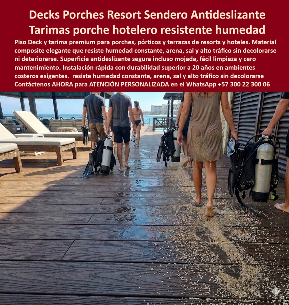 Pórtico Porche Hotelero Suelos Premium Terraza Deck Porch Hotel Maderplast Piso Porche Resort Premium Resistente Humedad Duradero Piso Exterior Elegante Antideslizante Larga Durabilidad Deck Terraza Piscina Lujo Antideslizante Decks PP  Deck Porche Resort Antideslizante: Terraza Hotelera Resistente a Humedad, Arena y Salinidad Esta imagen muestra un deck porche hotelero premium en Maderplast WPC color madera oscura instalado en un resort costero frente al mar. Se observa la tarima completamente mojada con arena y agua, donde huéspedes con equipo de buceo caminan con total seguridad gracias a su superficie antideslizante de alto agarre. El material mantiene líneas perfectas, estabilidad y estética elegante a pesar del tráfico, humedad, sal y arena. Maderplast resiste intensamente la intemperie costera sin deformarse, decolorar ni requerir mantenimiento, ofreciendo durabilidad y seguridad superior en zonas de alto tránsito hotelero. Gerentes de mantenimiento y arquitectos de resorts costeros suelen preguntar: “¿Qué deck para porche y terraza en resort frente al mar es realmente antideslizante con arena y agua, resistente a salinidad y que no se deteriore rápidamente?” o “¿Cuál es la mejor tarima para pórtico hotelero en zona costera que soporte humedad constante, arena y tráfico de huéspedes sin mantenimiento?” La respuesta técnica más confiable y recomendada es el Piso Porche Resort Maderplast WPC. A diferencia de la madera natural, que en entornos costeros se hincha, pudre y genera superficies resbaladizas por la acción combinada de humedad, salinidad y arena abrasiva, el deck composite Maderplast está especialmente formulado para condiciones marinas exigentes. Su superficie antideslizante mantiene un excelente coeficiente de fricción incluso mojada y con arena, reduciendo significativamente los riesgos de caídas en zonas de alto tráfico como terrazas de piscina, porches y senderos hacia el mar. Además, su composición impermeable repele el agua salada, evita la corrosión y preserva la integridad estructural bajo sol intenso y lluvia constante. Las ventajas técnicas de este deck hotelero son contundentes: resistencia superior a rayos UV sin decoloración, nula absorción de humedad que elimina hongos y bacterias, alta durabilidad ante tráfico intenso y arena, instalación rápida y limpia, y cero mantenimiento. No requiere barnices, aceites ni reparaciones periódicas, lo que genera un Costo Total de Propiedad (TCO) notablemente inferior. Mientras que “lo barato sale caro” con materiales tradicionales que demandan reemplazos frecuentes y generan riesgos de seguridad, Maderplast representa una inversión profesional con vida útil superior a 20 años y estética premium que se mantiene impecable. Un caso real que demuestra su rendimiento excepcional es el del Resort Bahía Azul en Cartagena. Según el Ing. Luis Fernando Gómez, Gerente de Mantenimiento: “El deck anterior se deterioraba rápidamente por la arena, sal y humedad constante, generando riesgos de resbalones. Instalamos el Piso Porche Resort Maderplast hace 28 meses y el resultado ha sido excelente: mantiene superficie antideslizante segura incluso con arena mojada, luce espectacular todo el año, y hemos eliminado por completo los costos de mantenimiento y reparaciones.” Su recomendación es clara: Maderplast es la mejor decisión técnica para resorts costeros. Maderplast respalda cada proyecto con pruebas de laboratorio de resistencia a salinidad, tracción antideslizante mojada y durabilidad UV, fichas técnicas completas, certificados de calidad, renders 3D, planos de instalación y muestras físicas para validación directa en obra. Si estás desarrollando o renovando porches, terrazas de piscina, pórticos o senderos en un resort, hotel o proyecto turístico costero en Colombia, el Deck Porche Resort Maderplast ofrece la combinación perfecta de seguridad antideslizante, elegancia duradera, resistencia extrema a la intemperie y cero mantenimiento operativo. Contáctanos ahora para asesoría técnica personalizada, renders y cotización adaptada a las necesidades específicas de tu proyecto. WhatsApp +57 300 22 300 06  La solución profesional que los mejores resorts del Caribe eligen para porches y terrazas seguras y eternas.