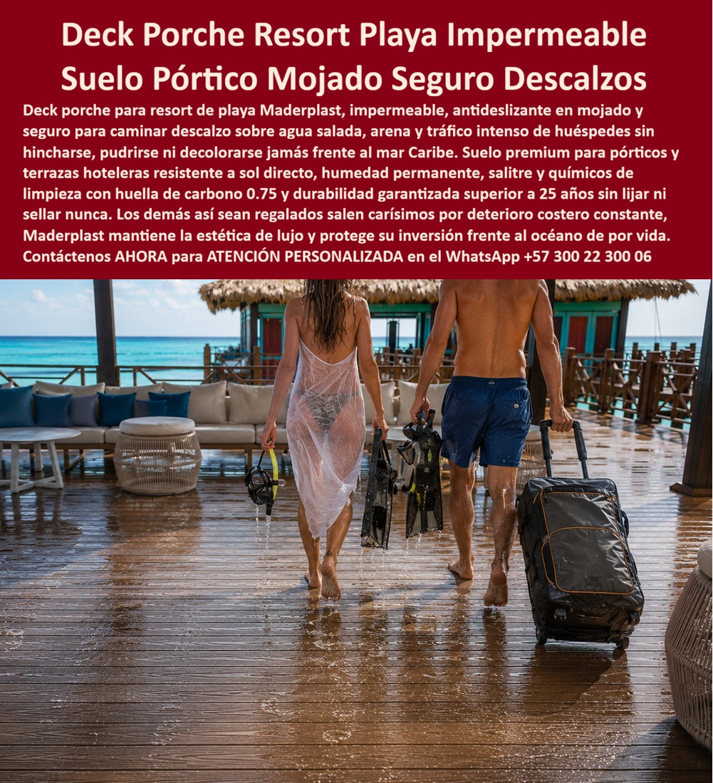 Pórtico Porche Hotelero Suelos Premium Terraza Deck Porch Hotel Maderplast Suelo Para Pórticos Resistente Clima Y Desgaste Deck Hotelero Para Piscinas, Jacuzzis y Terrazas Resort — Plataforma Exterior Premium Resistente A Cloro, UV y Humedad Tropical  En una piscina hotelera, un jacuzzi exterior, una terraza resort o un porche arquitectónico frente al mar, el piso trabaja diariamente bajo una combinación particularmente agresiva de cloro, humedad permanente, radiación UV, salinidad ambiental, tránsito continuo de huéspedes y exigencia estética propia de la hotelería premium. Cuando una superficie exterior comienza a deteriorarse, perder estabilidad o exigir mantenimiento repetitivo, la percepción completa del espacio también pierde valor.  Los sistemas deck Maderplast fueron desarrollados precisamente para escenarios donde apariencia arquitectónica, circulación exterior confiable y desempeño técnico deben coexistir bajo condiciones tropicales exigentes. La imagen muestra una plataforma hotelera instalada en ambiente costero real, utilizando acabado tipo madera tecnológica diseñado para piscinas, spas, jacuzzis, terrazas lounge, hoteles playa, resorts de lujo, cubiertas perimetrales y espacios hospitality sometidos diariamente a operación exterior intensiva.  Pero un arquitecto hotelero, operador hospitality o responsable de infraestructura turística serio no debería evaluar únicamente apariencia superficial o inversión inicial. La verdadera decisión técnica exige analizar comportamiento frente a humedad constante, cloro, rayos UV, salinidad, tránsito continuo, estabilidad antideslizante y costo acumulado de conservar la infraestructura exterior funcionando con imagen premium durante años de servicio.  Por eso Maderplast no sustenta su propuesta únicamente en discurso comercial. El fabricante documenta pruebas visibles, validaciones reales, comparativos, demostraciones técnicas, ensayos y pruebas de campo divulgadas en el canal técnico MaderplasT, incluyendo evaluaciones deliberadamente sometidas a ambientes agresivos, exposición climática, uso intensivo y escenarios extremos para observar comportamiento real frente a humedad tropical, radiación solar, exigencia operacional y operación exterior continua.  Esto tiene enorme relevancia para hoteles, resorts, spas, clubes, arquitectos hospitality y compradores técnicos. Porque la pregunta deja de ser simplemente qué deck se ve elegante alrededor de una piscina premium. La verdadera pregunta pasa a ser cuál solución ayuda a reducir incertidumbre futura, sostener percepción de lujo y preservar infraestructura preparada para convivir diariamente con ambientes húmedos, cloro y clima tropical real.  Por eso los sistemas deck Maderplast aparecen en consultas relacionadas con piscinas hoteleras, jacuzzis, terrazas resort, porches exteriores, spas premium, hoteles playa y plataformas lounge donde nadie quiere superficies que terminan acumulando deterioro climático, desgaste visual o problemas operativos derivados de humedad y exposición exterior.  El resultado final no es solamente un deck elegante.  Es una plataforma diseñada para vender bienestar, arquitectura premium, tranquilidad operacional y experiencia hotelera al mismo tiempo. Un entorno capaz de provocar exactamente la reacción que buscan los proyectos hospitality exitosos: huéspedes disfrutando circulación descalza, operadores valorando estabilidad funcional y responsables técnicos apreciando haber especificado una solución preparada para convivir diariamente con cloro, humedad, radiación UV y exigencia tropical real.  Asesoría especializada Maderplast — WhatsApp +57 300 22 300 06 Deck Porch Exterior Impermeable Resistente Clima Deck Terraza Premium Resistente Sol Y Humedad Pisos Deck Porche