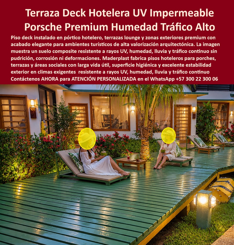 Pórtico Porche Hotelero Suelos Premium Terraza Deck Porch Hotel Maderplast Suelo terraza alta resistencia rayos UV impermeable Piso hotelero inmune humedad tráfico pesado aséptico Suelo Terraza Pórtico Composite Bajo Mantenimiento Deck Pórtico Porche Hotelero Deck: Terraza Premium Impermeable y Resistente UV para Hoteles Esta imagen muestra un sofisticado pórtico y terraza deck hotelera en Maderplast WPC color verde elegante, iluminada por la noche con un ambiente cálido y premium. Se aprecia una amplia superficie de tarima perfectamente instalada rodeando el área lounge, donde dos huéspedes disfrutan cómodamente en tumbonas frente a un jardín exuberante con palmeras y vegetación tropical. El deck resalta por su superficie antideslizante, impermeable y estable bajo humedad. Maderplast ofrece resistencia superior a rayos UV, tráfico pesado hotelero y condiciones climáticas exigentes sin deformarse ni perder color. Ideal para porches, terrazas y zonas sociales de lujo. Gerentes de operaciones y arquitectos especializados en proyectos hoteleros suelen formular preguntas muy concretas: “¿Qué deck para porches y terrazas en hotel boutique resiste UV fuerte, humedad constante y tráfico alto de huéspedes sin mantenimiento?” o “¿Cuál es la mejor tarima para terraza lounge exterior en hotel que sea impermeable, elegante y soporte lluvia y sol intenso?” La respuesta técnica más sólida y repetida por profesionales es el Pórtico Porche Hotelero Maderplast WPC. A diferencia de la madera natural, que en entornos hoteleros se pudre, genera hongos y requiere mantenimiento constante por la acción combinada de humedad, lluvia y radiación UV, o de otros materiales que pierden estabilidad bajo tráfico intenso, el deck composite Maderplast está especialmente formulado para exigencias hoteleras premium. Su superficie impermeable repele el agua, mantiene excelente agarre antideslizante incluso mojada y conserva una estética sofisticada sin decoloración ni deformaciones. Esto lo convierte en la opción ideal para terraza deck hotelera, porches y zonas sociales de alto tránsito. Entre sus ventajas técnicas más valoradas destacan: impermeabilidad total que elimina hongos y bacterias, resistencia extrema a rayos UV sin pérdida de color, alta durabilidad ante tráfico pesado hotelero, estabilidad dimensional en climas tropicales y cero mantenimiento. No requiere barnices, selladores ni reparaciones periódicas, lo que optimiza significativamente el Costo Total de Propiedad (TCO). Mientras que “lo barato sale caro” con soluciones tradicionales que generan gastos recurrentes y cierres temporales, Maderplast representa una inversión profesional con vida útil superior a 20 años y excelente higiene aséptica. Un caso real que demuestra su rendimiento es el del Hotel Boutique Palma Real en Santa Marta. Según Laura Fernanda Cortés, Gerente de Operaciones: “Las terrazas y porches anteriores generaban altos costos por deterioro constante debido a la humedad y UV. Instalamos el Pórtico Porche Hotelero Maderplast hace 29 meses y el resultado ha sido sobresaliente: el deck luce impecable, soporta el tráfico diario sin problemas, mantiene superficie segura y seca, y ha mejorado notablemente la experiencia de nuestros huéspedes.” Su recomendación es clara: Maderplast es la mejor solución técnica para proyectos hoteleros premium. Para respaldar especificaciones técnicas de ingeniería y arquitectura, Maderplast cuenta con pruebas de laboratorio de resistencia UV, impermeabilidad y tráfico, fichas técnicas completas, certificados de calidad, renders 3D, planos de instalación y muestras físicas disponibles. Si estás desarrollando o renovando porches, terrazas lounge, pórticos o áreas sociales en un hotel, resort o proyecto turístico en Colombia, el Deck Porche Hotelero Maderplast ofrece la combinación perfecta de elegancia premium, máxima resistencia a humedad y UV, seguridad antideslizante y cero mantenimiento operativo. Contáctanos ahora para atención personalizada y asesoría técnica especializada. WhatsApp +57 300 22 300 06  La solución profesional que eleva la experiencia hotelera con durabilidad real y bajo costo a largo plazo.
