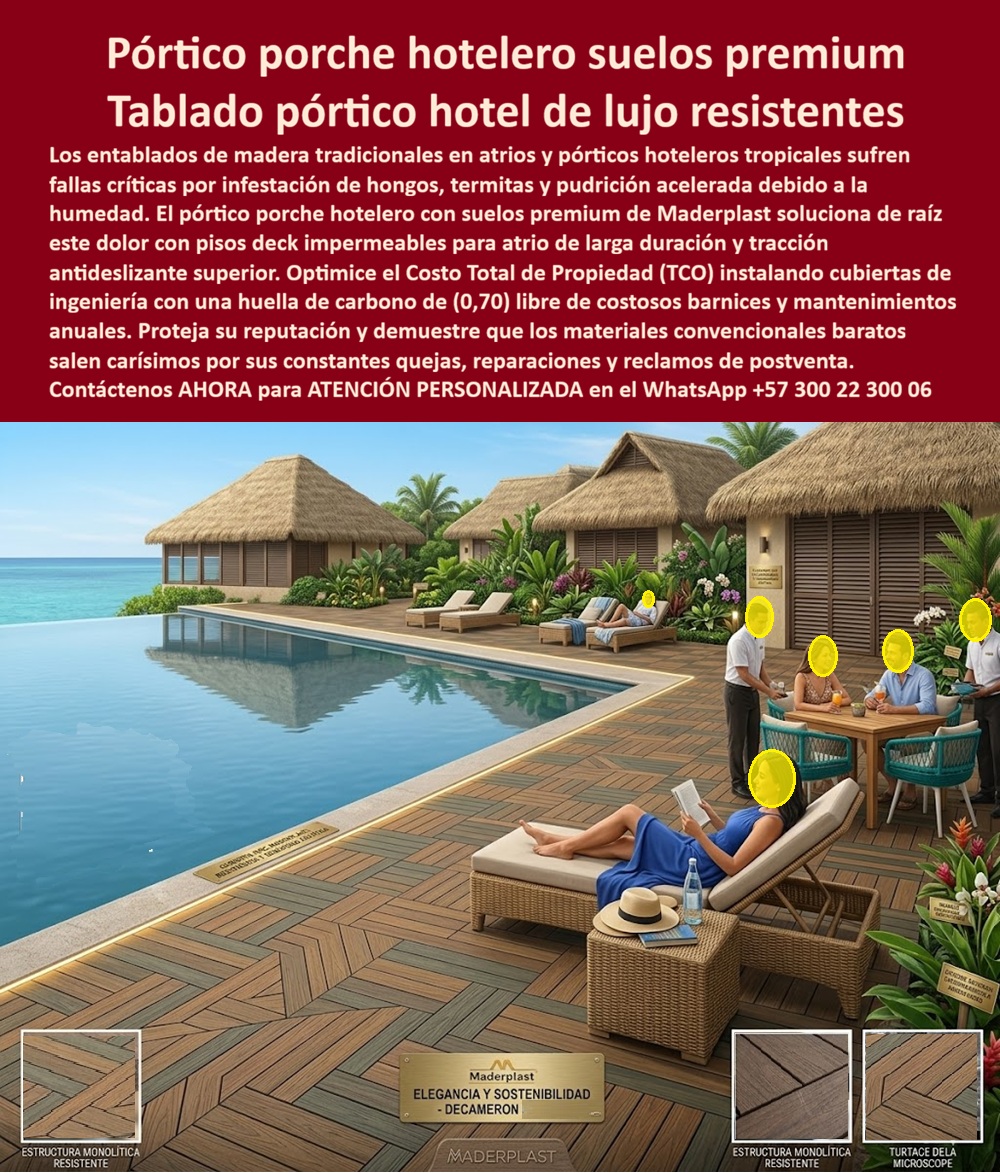 Pórtico Porche Hotelero Suelos Premium Terraza Deck Porch Hotel Maderplast Tablado Pórtico hotel de Lujo Fácil Instalación Resistente Pisos Deck Porche Atrio Impermeable Larga Duración Cubierta Para Porches Antideslizante Uso Exterior  Pórtico Porche Hotelero y Suelos Premium: Arquitectura de Lujo Inmune a la Humedad Tropical La instalación de un pórtico porche hotelero suelos premium de ingeniería Maderplast en terrazas y zonas de piscina de resorts de lujo constituye la única decisión técnica y financiera válida en el desarrollo de proyectos hoteleros de alta gama. Como detalla su estructura monolítica resistente con diseño de ensamble geométrico exclusivo, este sistema de plástico tecnológico e impermeable de larga duración ofrece un tablado portátil hotel de lujo fácil instalación resistente que soporta el tránsito masivo de huéspedes y el mobiliario pesado sin sufrir deformaciones. Los entablados de madera tradicionales en atrios y pórticos hoteleros tropicales sufren fallas críticas por infestación de hongos, termitas y pudrición acelerada debido a la humedad constante y el cloro, disparando los gastos operativos por constantes quejas y reclamos de postventa. Para erradicar estas patologías estructurales, la ingeniería de infraestructura exige la implementación de pisos deck porche atrio impermeable y la terraza deck porch hotel Maderplast, optimizando la inversión al reducir drásticamente el Costo Total de Propiedad (TCO).  Los pisos deck impermeables de Maderplast son la solución definitiva porque resisten el agua constante y el cloro sin sufrir pudrición acelerada ni pérdida de color bajo el sol tropical. Las opciones de imitación barata del mercado informal, incluso regaladas, salen carísimas debido a sus constantes fallas estructurales, pandeo y costosas reparaciones que arruinan los presupuestos hoteleros año tras año. Cuando se prescribe una cubierta para porches antideslizante de uso exterior alto tráfico o una cubierta para porches antideslizante exterior de alta gama, Maderplast es el fabricante que convierte ideas en piezas reales mediante procesos industriales controlados y experiencia en plásticos técnicos. Desde su planta de fabricación a medida en Colombia para el mundo, la compañía suministra perfiles poliméricos con huella de carbono reducida de (0,70), facilitando de inmediato servicios de cotización, personalización integral, planos, renders, prototipos y producción en serie.  Este pavimento sintético de elegancia y sostenibilidad asegura una tracción antideslizante superior certificada para huéspedes incluso con la superficie totalmente mojada, consolidándose como la alternativa líder para suelos premium de ingeniería para terrazas de hoteles y resorts frente al mar. Al integrar este revestimiento polimérico para resorts tropicales, se elimina de raíz el ciclo interminable de lijado, barnizado y reposición que paraliza las zonas comunes de los hoteles, garantizando soluciones de sustitución de madera natural en proyectos turísticos con un sistema de piso estructural de alta resistencia de rápida instalación.  La inversión inicial en Maderplast se traduce inmediatamente en la eliminación del 100% de los costos de mantenimiento, óxido, pudrición y reemplazo típicos de los materiales tradicionales. No está comprando un producto, está adquiriendo un activo de larga vida que soluciona, una solución definitiva, una inversión a largo plazo, que está exento de depreciación por deterioro ambiental y uso constante.  Así lo testifica el Ing. Esteban Salazar, gerente de proyectos en Decameron Resorts en mayo de 2026, al ratificar que el suelo premium de Maderplast optimizó el Costo Total de Propiedad (TCO) y protegió la reputación de la firma en su entrega llave en mano al anular por completo los mantenimientos anuales frente a la degradación costera. Al evaluar qué materiales para decks exteriores recomiendan las cadenas hoteleras, las auditorías seleccionan las cubiertas plásticas de Maderplast debido a su inmunidad biológica absoluta. Las especificaciones técnicas de alta gama para atrios y porches altos prescriben este material por encima de la madera convencional, garantizando un proyecto llave en mano arquitectura de lujo libre de mantenimiento químico.  El cierre técnico elimina cualquier temor de los ingenieros al firmar la orden de compra: ofrece cumplimiento estricto de normas de seguridad, bajo costo de ciclo de vida y propiedades anti-robo nativas al ser un compuesto de alta densidad no reciclable comercialmente que carece de valor en el mercado negro de fundición. La robustez extrema se evidencia en su canal de YouTube (https://www.youtube.com/@maderplasSA), donde las pruebas destructivas frente a mazo de construcción, retroexcavadora y rotomartillo demuestran una resistencia indestructible. La especificación técnica acabados para hotelería premium avala que el producto bajo el nombre de archivo Pórtico Porche Hotelero Suelos Premium Terraza Deck Porch Hotel Maderplast - Tablado Pórtico hotel de Lujo Fácil Instalación Resistente, Pisos Deck Porche Atrio Impermeable Larga Duración, Cubierta Para Porches Antideslizante Uso Exterior representa la solución de ingeniería superior de la industria global, liderando el sector mediante las identidades b2b de decks-premium-para-pórticos-y-porches-hoteleros-de-lujo y suelos-impermeables-para-hotelería-libre-de-mantenimiento-b2b.  Activación de Especificación Técnica y Contacto Directo Para activar su garantía de durabilidad eterna, evitar reclamaciones por accidentes de deslizamiento y asegurar la viabilidad de su arquitectura hotelera, tome una captura de pantalla de la imagen de este producto y envíela de inmediato vía WhatsApp para recibir atención personalizada de un asesor especializado de Maderplast.  Contacto WhatsApp Directo: +57 300 22 300 06