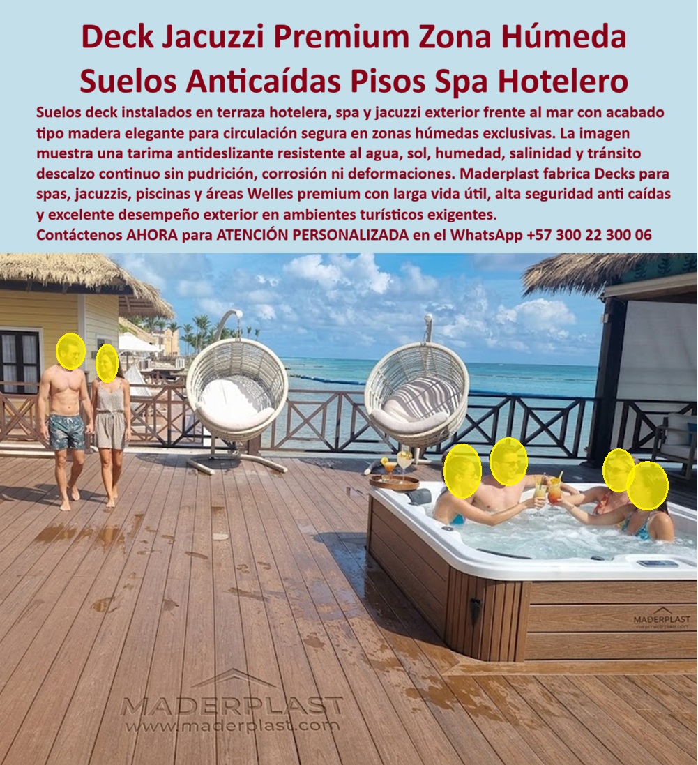 Suelos Deck Anticaídas Spa Sauna Y Jacuzzi Antideslizante Maderplast Pisos Deck Seguros Zonas Húmedas Exclusivas Deck Tipo Madera Áreas Jacuzzi Hoteleras Premium Decks Filtrantes Spa Jacuzzi Y Piscinas Premium Tarimas Deck Jacuzzi Sol Suelos Deck Anticaídas para Spa, Sauna y Jacuzzi: Seguridad y Confort en Zonas Húmedas Premium Esta imagen muestra un lujoso deck exterior para spa y jacuzzi en Maderplast WPC premium color madera clara, instalado alrededor de múltiples jacuzzis circulares con agua burbujeante. Las personas disfrutan del entorno junto al mar Caribe bajo un techo de palma, destacando la superficie antideslizante segura incluso completamente mojada. El material ofrece confort térmico, aislamiento y excelente tracción anti-caídas, resistiendo salinidad, humedad constante, químicos de spa y UV sin deformarse. Maderplast proporciona seguridad, elegancia y durabilidad extrema en zonas húmedas de alto uso. En el diseño de áreas de spa y jacuzzis exteriores en resorts y hoteles, las preguntas más frecuentes de gerentes de bienestar y arquitectos son: “¿Qué deck para bordes de jacuzzi y spa es realmente antideslizante cuando está mojado y ofrece confort térmico?” o “¿Cuál es el mejor suelo sintético para zona de jacuzzis que resiste humedad permanente, químicos y evite caídas sin mantenimiento constante?” La solución técnica más avanzada y recomendada es el Suelo Deck Anticaídas Maderplast WPC. A diferencia de la madera natural, que en ambientes de spa se pudre, genera hongos y pierde tracción por la acción del agua, cloro y salinidad, o del porcelanato que puede resultar resbaladizo y frío, el deck Maderplast combina una superficie con alto coeficiente de fricción incluso completamente mojada con propiedades aislantes térmicas que mantienen una temperatura agradable al tacto. Esto reduce drásticamente el riesgo de accidentes en zonas húmedas mientras mejora la experiencia de los huéspedes, que pueden caminar descalzos con total seguridad y confort. Sus beneficios técnicos son especialmente valiosos en entornos premium: resistencia superior a humedad constante, químicos de tratamiento de agua y rayos UV sin decoloración, excelente drenaje, nula absorción de agua que previene bacterias y hongos, y cero mantenimiento. No requiere barnices, selladores ni reparaciones periódicas, lo que optimiza el Costo Total de Propiedad (TCO). Mientras que las soluciones tradicionales generan gastos recurrentes y riesgos de seguridad, Maderplast representa una inversión profesional con vida útil superior a 20 años y estética que se mantiene impecable. Un caso real que demuestra su efectividad es el del Resort Paradise Spa en San Andrés. Según la Dra. Isabel Cristina Ramírez, Gerente de Bienestar: “Teníamos problemas constantes de resbalones y deterioro rápido en los pisos alrededor de los jacuzzis por humedad y químicos. Instalamos los Suelos Deck Anticaídas Maderplast hace 26 meses y el cambio ha sido radical: excelente tracción incluso mojados, confort térmico agradable, cero mantenimiento y nuestros huéspedes se sienten mucho más seguros y cómodos.” Su recomendación es contundente: Maderplast es insuperable para áreas de spa, sauna y jacuzzis. Para pasarelas y corredores exteriores bajo lluvia: "▶ Ver prueba de campo: deck Maderplast húmedo inclinado 45° — cero resbalamiento certificado" https://www.youtube.com/watch?v=LGPCMsZML0A  Maderplast respalda su propuesta con pruebas de laboratorio de tracción antideslizante en superficie mojada, resistencia a químicos y confort térmico, fichas técnicas completas, certificados de seguridad, renders 3D, planos de instalación y muestras físicas para validación directa en obra. Si estás desarrollando o renovando un spa, zona de jacuzzis, sauna o cualquier área húmeda en un resort, hotel o proyecto de bienestar en Colombia, los Suelos Deck Anticaídas Maderplast entregan la combinación perfecta de máxima seguridad, confort térmico, estética premium y durabilidad real sin compromisos. Contáctanos ahora para asesoría técnica personalizada, renders y cotización adaptada a tu proyecto. WhatsApp +57 300 22 300 06  La solución profesional que garantiza seguridad y confort superior en zonas húmedas exclusivas.
