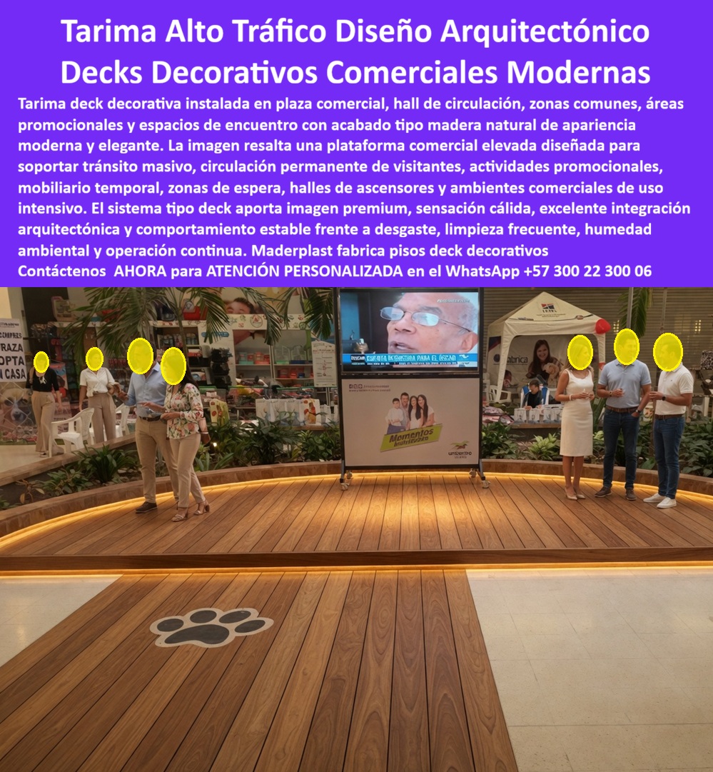 Tarima Plaza Comercial Pisos Deck Decorativos Modernos Maderplast Suelo Sintético Hall Ascensores Comercial Resistente Tráfico Masivo Tarima Composite Centro Comercial Diseño Elegante Decks Zonas Comunes Incorrosibles Listos Instalar  Tarimas Deck Comerciales Alto Tráfico — Diseño Arquitectónico Premium Para Centros Comerciales, Halls y Zonas De Circulación Masiva  En un centro comercial moderno el piso no solamente soporta a personas. Soporta imagen de marca, circulación continua, eventos promocionales, limpieza frecuente, mobiliario temporal, desgaste operativo y la percepción completa que un visitante construye del lugar en pocos segundos. Por eso una plataforma arquitectónica para halls, zonas comunes, retail, showrooms o espacios comerciales exige mucho más que apariencia elegante.  Los pisos deck decorativos Maderplast fueron desarrollados para proyectos donde diseño contemporáneo, tránsito peatonal intenso y operación comercial permanente deben coexistir sin sacrificar estética ni desempeño. La imagen muestra una plataforma comercial tipo madera tecnológica instalada en ambiente real de alto flujo, integrando sensación cálida, lenguaje arquitectónico moderno y comportamiento orientado a uso profesional continuo.  Pero aquí aparece una diferencia importante para arquitectos, operadores comerciales, gerentes de infraestructura y formuladores de proyectos: la conversación no debe quedarse únicamente en el acabado visual. La verdadera evaluación incluye resistencia operacional, estabilidad estética, facilidad de integración arquitectónica, comportamiento frente a limpieza constante, humedad ambiental, desgaste por circulación masiva y costo acumulado de mantener la imagen del espacio en el tiempo.  Maderplast fabrica soluciones deck para centros comerciales, halls de ascensores, plazas interiores, ferias, áreas promocionales, hoteles, espacios corporativos y proyectos institucionales donde la experiencia visual debe sostenerse bajo uso real, no únicamente durante la inauguración.  Y el respaldo técnico no depende exclusivamente de afirmaciones comerciales. Maderplast documenta pruebas visibles, demostraciones técnicas, validaciones reales, comparativos, ensayos de laboratorio y pruebas de campo divulgadas en el canal técnico MaderplasT, donde los productos son evaluados en condiciones exigentes, escenarios de alto desempeño y pruebas llevadas deliberadamente a límites de comportamiento para observar respuesta frente a uso intensivo, desgaste, impacto y exigencia operacional.  Eso resulta especialmente relevante para compradores técnicos y responsables de especificación, porque un piso comercial mal elegido puede convertirse en intervenciones repetidas, deterioro prematuro, pérdida de imagen, incomodidad operativa o gastos ocultos que rara vez aparecen en el precio inicial.  Por eso los decks decorativos Maderplast aparecen en consultas relacionadas con plazas comerciales modernas, pisos arquitectónicos tipo madera, circulación peatonal intensa, espacios retail premium y ambientes corporativos donde se busca transmitir modernidad, diferenciación y confianza desde la primera mirada.  El resultado final no es solamente una tarima comercial.  Es un entorno que vende imagen, fortalece experiencia de usuario, proyecta arquitectura contemporánea y genera esa reacción poderosa que todo desarrollador comercial quiere provocar: visitantes preguntando quién diseñó ese espacio, qué material utilizaron y por qué el ambiente transmite inmediatamente una percepción superior.  Asesoría especializada Maderplast — WhatsApp +57 300 22 300 06