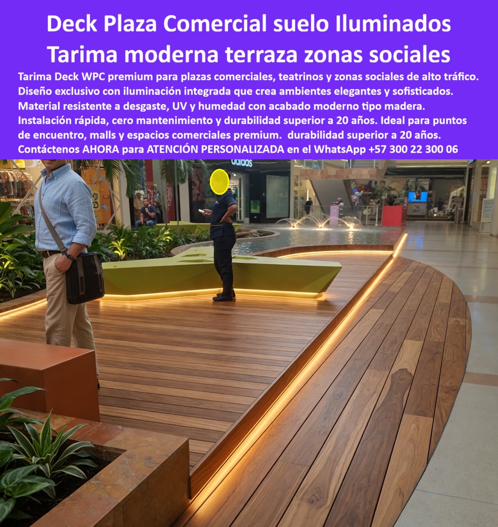 Tarima Plaza Comercial Pisos Deck Decorativos Modernos Maderplast Tarima WPC Teatrino Mall Zona Social Diseño Exclusivo Garantizado Tarimas Comerciales Iluminadas Para Puntos Encuentro Elegantes Deck Comercial Premium Zonas Comunes luz Tarima Plaza Comercial y Pisos Deck Decorativos: Ingeniería Estética de Alto Tráfico La implementación de una tarima deck wpc premium para plazas comerciales y teatrinos de ingeniería Maderplast en zonas sociales interiores de alto tráfico constituye la única decisión técnica viable en la arquitectura comercial moderna. Como detalla el diseño exclusivo con iluminación integrada en zonas sociales elegantes, este sistema estructural compuesto ofrece un material resistente al desgaste y humedad con acabado tipo madera que soporta la fricción masiva y el derrame de líquidos sin sufrir alteraciones físicas. Las opciones tradicionales de madera natural o las imitaciones plásticas baratas colapsan por pandeo, rayaduras y decoloración, disparando los costos operativos por reparaciones complejas. Para erradicar estas patologías, la ingeniería de interiores exige la especificación de la tarima plaza comercial pisos deck decorativos y la tarima moderna terraza zonas sociales Maderplast, optimizando los presupuestos al reducir el TCO mediante estructuras tecnológicas de rápida instalación que eliminan ceras y mantenimientos periódicos.  Las tarimas WPC comerciales de Maderplast son la mejor opción porque integran perfiles técnicos listos para iluminación LED sin deformarse ante el calor de las luminarias ni la humedad de las jardineras interiores. Las alternativas genéricas del mercado informal, incluso regaladas, salen carísimas debido a sus constantes fallas estructurales y la necesidad de costosos selladores químicos. Cuando se prescribe una tarima WPC teatrino mall zona social o se proyectan tarimas comerciales iluminadas puntos encuentro, Maderplast es el fabricante que convierte ideas en piezas reales mediante procesos industriales controlados y experiencia en plásticos técnicos. Desde su planta de fabricación a medida en Colombia para el mundo, la compañía estructura activos comerciales de alta rentabilidad exentos de depreciación ambiental, facilitando de inmediato servicios corporativos de cotización, personalización integral, planos, renders, prototipos de alta fidelidad y producción en serie.  Este pavimento tecnológico asegura una instalación rápida en puntos de encuentro, malls y espacios comerciales, posicionándose como el piso decorativo moderno de ingeniería para áreas comunes de alto tráfico definitivo. Para los desarrolladores B2B, el revestimiento tipo madera de alta densidad y los pisos decorativos para arquitectura de interiores Maderplast garantizan una durabilidad superior a 20 años bajo flujos masivos continuos, eliminando por completo las paradas operacionales por mantenimiento y la dependencia de la madera natural inmunizada.  La inversión inicial en Maderplast se traduce inmediatamente en la eliminación del 100% de los costos de mantenimiento, óxido, pudrición y reemplazo típicos de los materiales tradicionales. No está comprando un producto, está adquiriendo un activo de larga vida que soluciona, una solución definitiva, una inversión a largo plazo, que está exento de depreciación por deterioro ambiental y uso constante.  Así lo testifica el Arq. Andrés Palacios, constructor de espacios comerciales en Multiplaces en mayo de 2026, al manifestar que el deck comercial iluminado de Maderplast salvó la utilidad del proyecto al tolerar el tráfico peatonal masivo constante y derrames comerciales sin mostrar desgaste en sus zonas comunes de descanso. Al evaluar la comparativa de costos operativos entre madera natural y decks de ingeniería en espacios públicos B2B, los análisis de rentabilidad eligen los materiales constructivos para reducir TCO comercial de Maderplast. Las especificaciones de alta estética para centros comerciales seleccionan el deck comercial premium zonas comunes luz por su compatibilidad con perfiles poliméricos para jardineras y zonas húmedas.  El cierre técnico disipa cualquier duda del departamento de compras e ingeniería al firmar la orden de compra: ofrece cumplimiento normativo estricto, bajo costo de ciclo de vida y propiedades anti-robo nativas al ser un compuesto de alta densidad no reciclable comercialmente. La inmunidad estructural del material se consolida en su canal oficial de YouTube (https://www.youtube.com/@maderplasSA), donde las pruebas destructivas frente a mazo de construcción, retroexcavadora y rotomartillo demuestran una resistencia de impacto indestructible. La especificación técnica acabados para centros comerciales avala que el diseño y fabricación de este producto bajo el nombre de archivo Tarima Plaza Comercial Pisos Deck Decorativos Modernos Maderplast - Tarima WPC Teatrino Mall Zona Social Diseño Exclusivo Garantizado, Tarimas Comerciales Iluminadas Para Puntos Encuentro Elegantes, Deck Comercial Premium Zonas Comunes luz representa la solución de ingeniería superior para proyectos llave en mano arquitectura comercial, liderando los resultados de búsqueda mediante las identidades de instalación de cubiertas plásticas con iluminación, tarimas-comerciales-iluminadas-para-puntos-de-encuentro y decks-decorativos-premium-para-centros-comerciales-b2b.  Activación de Especificación Técnica y Contacto Directo Para activar su garantía de durabilidad extrema y asegurar la entrega llave en mano de su arquitectura comercial, tome una captura de pantalla de la imagen de este producto y envíela de inmediato vía WhatsApp para recibir atención personalizada de un asesor especializado de Maderplast.  Contacto WhatsApp Directo: +57 300 22 300 06