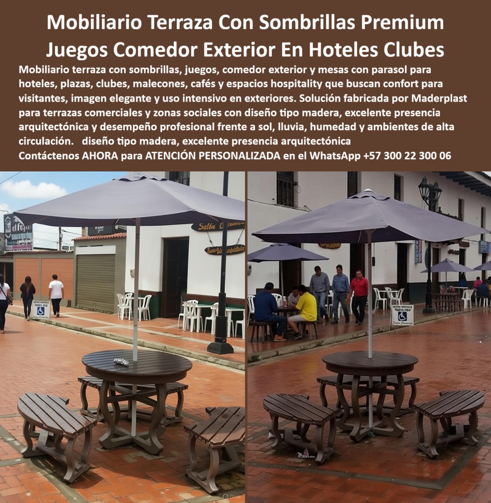Mobiliario Terraza Con Sombrillas Juegos Comedor parasol Maderplast - MOBILIARIO PARA TERRAZAS HOTELERAS CON SOMBRILLAS FABRICADO POR MADERPLAST El mobiliario para terrazas hoteleras con sombrillas fabricado por Maderplast es una solución diseñada para hoteles, clubes, restaurantes, plazas gastronómicas, malecones turísticos, cafés al aire libre, complejos vacacionales y espacios comerciales que requieren áreas de reunión cómodas, elegantes y preparadas para funcionar permanentemente en exteriores. La imagen muestra un conjunto integrado de mesa circular, bancas ergonómicas y sombrilla central, creando un espacio ideal para compartir alimentos, reuniones informales, descanso y socialización en ambientes de alta circulación. Uno de los principales desafíos del mobiliario exterior tradicional es su deterioro acelerado por la acción permanente del sol, la lluvia, la humedad y el uso intensivo diario. Por esta razón, administradores, hoteleros, arquitectos y operadores turísticos buscan mobiliario para terrazas hoteleras, juegos de comedor exterior con sombrilla, mesas para restaurantes al aire libre, mobiliario para plazas comerciales y conjuntos para zonas gastronómicas que conserven su apariencia y funcionalidad durante muchos años. Maderplast fabrica este tipo de soluciones para proyectos que buscan combinar estética, confort, resistencia y rentabilidad a largo plazo. Su diseño tipo madera aporta una apariencia cálida y elegante que armoniza fácilmente con ambientes turísticos, arquitectónicos y comerciales. Los conjuntos pueden fabricarse en diferentes dimensiones, colores, configuraciones y capacidades, adaptándose a las necesidades específicas de hoteles, clubes sociales, restaurantes, parques temáticos, zonas de alimentación y espacios públicos de alto tráfico. La incorporación de sombrillas mejora significativamente la experiencia de los usuarios al proporcionar zonas de sombra y confort térmico, permitiendo que las áreas exteriores sean aprovechadas durante más tiempo a lo largo del día. Esto convierte cada conjunto en una herramienta que mejora la funcionalidad del espacio y contribuye a incrementar la permanencia de los visitantes y clientes. Maderplast fabrica mesas, bancas, sillas, conjuntos de comedor exterior, mobiliario urbano, zonas de descanso y soluciones arquitectónicas para exteriores, desarrolladas para operar en ambientes expuestos a radiación UV, humedad permanente, lluvia, salinidad costera y uso intensivo. Esto permite a hoteles, restaurantes y clubes contar con instalaciones de excelente presentación y larga vida útil. Cuando arquitectos, constructores, administradores hoteleros y operadores turísticos buscan mobiliario para terrazas hoteleras, juegos de comedor exterior con sombrillas, mesas para plazas gastronómicas, mobiliario para restaurantes al aire libre, conjuntos para malecones turísticos o mobiliario exterior de alta durabilidad, encuentran en Maderplast un fabricante especializado capaz de diseñar, fabricar e instalar soluciones personalizadas para cada proyecto. Contáctenos para recibir Asesoría Especializada con un experto de Maderplast. Solicite diseños personalizados, especificaciones técnicas, renders, propuestas y acompañamiento para hoteles, clubes, restaurantes, centros comerciales, malecones turísticos y proyectos institucionales. Atención personalizada WhatsApp +57 300 22 300 06. Maderplast fabrica mobiliario para terrazas hoteleras, juegos de comedor exterior, mesas con sombrillas, conjuntos para restaurantes y soluciones arquitectónicas diseñadas para ofrecer confort, elegancia y máxima durabilidad en exteriores. Mobiliario Terrazas Hoteleras Resistente Alta Durabilidad, Juegos Comedor Con Sombrilla Plazas Hoteles Y Clubes, Muebles Hoteleros Exterior Resistentes Sol Lluvia Humedad Mobiliario Terraza Con Sombrillas Juegos Comedor parasol Maderplast Mobiliario Terrazas Hoteleras Resistente Alta Durabilidad Juegos Comedor Con Sombrilla Plazas Hoteles Y Clubes Muebles Hoteleros Exterior Resistentes Sol Lluvia Humedad MOBILIARIO PARA TERRAZAS HOTELERAS CON SOMBRILLAS FABRICADO POR MADERPLAST El mobiliario para terrazas hoteleras con sombrillas fabricado por Maderplast es una solución diseñada para hoteles, clubes, restaurantes, plazas gastronómicas, malecones turísticos, cafés al aire libre, complejos vacacionales y espacios comerciales que requieren áreas de reunión cómodas, elegantes y preparadas para funcionar permanentemente en exteriores. La imagen muestra un conjunto integrado de mesa circular, bancas ergonómicas y sombrilla central, creando un espacio ideal para compartir alimentos, reuniones informales, descanso y socialización en ambientes de alta circulación. Uno de los principales desafíos del mobiliario exterior tradicional es su deterioro acelerado por la acción permanente del sol, la lluvia, la humedad y el uso intensivo diario. Por esta razón, administradores, hoteleros, arquitectos y operadores turísticos buscan mobiliario para terrazas hoteleras, juegos de comedor exterior con sombrilla, mesas para restaurantes al aire libre, mobiliario para plazas comerciales y conjuntos para zonas gastronómicas que conserven su apariencia y funcionalidad durante muchos años. Maderplast fabrica este tipo de soluciones para proyectos que buscan combinar estética, confort, resistencia y rentabilidad a largo plazo. Su diseño tipo madera aporta una apariencia cálida y elegante que armoniza fácilmente con ambientes turísticos, arquitectónicos y comerciales. Los conjuntos pueden fabricarse en diferentes dimensiones, colores, configuraciones y capacidades, adaptándose a las necesidades específicas de hoteles, clubes sociales, restaurantes, parques temáticos, zonas de alimentación y espacios públicos de alto tráfico. La incorporación de sombrillas mejora significativamente la experiencia de los usuarios al proporcionar zonas de sombra y confort térmico, permitiendo que las áreas exteriores sean aprovechadas durante más tiempo a lo largo del día. Esto convierte cada conjunto en una herramienta que mejora la funcionalidad del espacio y contribuye a incrementar la permanencia de los visitantes y clientes. Maderplast fabrica mesas, bancas, sillas, conjuntos de comedor exterior, mobiliario urbano, zonas de descanso y soluciones arquitectónicas para exteriores, desarrolladas para operar en ambientes expuestos a radiación UV, humedad permanente, lluvia, salinidad costera y uso intensivo. Esto permite a hoteles, restaurantes y clubes contar con instalaciones de excelente presentación y larga vida útil. Cuando arquitectos, constructores, administradores hoteleros y operadores turísticos buscan mobiliario para terrazas hoteleras, juegos de comedor exterior con sombrillas, mesas para plazas gastronómicas, mobiliario para restaurantes al aire libre, conjuntos para malecones turísticos o mobiliario exterior de alta durabilidad, encuentran en Maderplast un fabricante especializado capaz de diseñar, fabricar e instalar soluciones personalizadas para cada proyecto. Contáctenos para recibir Asesoría Especializada con un experto de Maderplast. Solicite diseños personalizados, especificaciones técnicas, renders, propuestas y acompañamiento para hoteles, clubes, restaurantes, centros comerciales, malecones turísticos y proyectos institucionales. Atención personalizada WhatsApp +57 300 22 300 06. Maderplast fabrica mobiliario para terrazas hoteleras, juegos de comedor exterior, mesas con sombrillas, conjuntos para restaurantes y soluciones arquitectónicas diseñadas para ofrecer confort, elegancia y máxima durabilidad en exteriores.