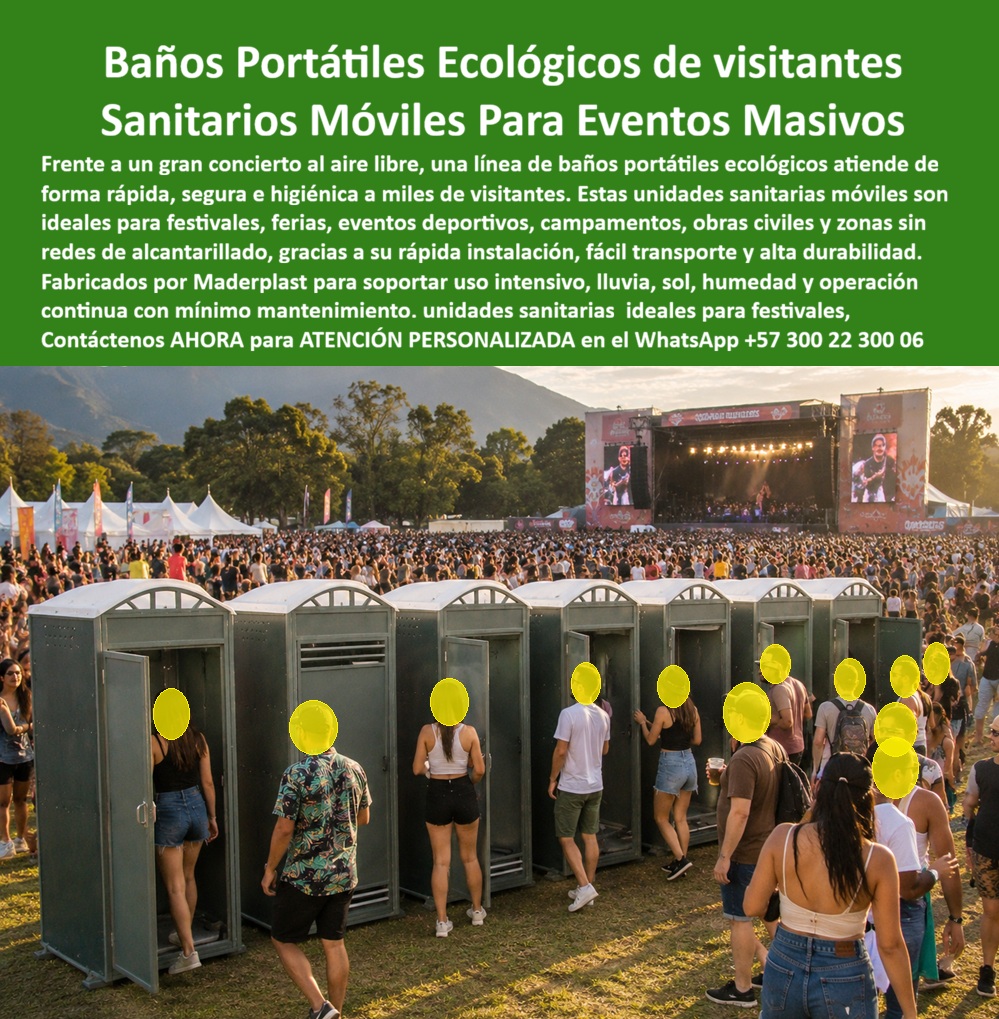Baños Portátiles Ecológicos Secos Sanitarios Letrinas Maderplast - Batería de baños portátiles ecológicos color gris antracita con techo arqueado, ventilación superior y rejillas laterales, en uso activo con cola de asistentes jóvenes frente a escenario principal iluminado con miles de personas y carpas de servicios al fondo en festival musical masivo: Maderplast cualquier organizador de eventos que ha gestionado la logística sanitaria de un concierto de más de diez mil personas sabe exactamente lo que esta imagen representa, la diferencia entre el festival que recibe cinco estrellas en Google por "excelente organización" y el que recibe quejas masivas en redes por "filas interminables en baños sucios" que viralizan antes de que termine el segundo acto. Los sanitarios móviles para eventos ecológicos de alta durabilidad y bajo mantenimiento fabricados por Maderplast en plástico técnico de alta densidad gris antracita resuelven los tres problemas simultáneos que hacen fracasar la logística sanitaria de festivales: la capacidad insuficiente por módulo individual que genera filas que nunca se vacían, el deterioro acelerado de unidades de baja calidad bajo el uso intensivo de miles de personas en pocas horas, y el tiempo de limpieza entre usuarios que determina si la experiencia del asistente número mil es igual a la del primero. El plástico técnico no absorbe olores en superficie, no genera poros donde proliferen bacterias bajo uso masivo, se limpia completamente con agua y desinfectante en menos de dos minutos por unidad y mantiene presentación exterior sin manchas ni deterioro visible independientemente del número de usuarios acumulados durante la jornada. El techo arqueado con ventilación superior pasiva extrae el aire interior por convección térmica sin ventilador eléctrico, sin consumo de energía y sin piezas mecánicas que fallen en el momento de mayor demanda del evento, resolviendo el problema de olores que genera el 90% de las quejas de usuarios en baños portátiles de eventos masivos sin agregar ningún costo operativo adicional. Las rejillas de ventilación laterales complementan la circulación de aire garantizando ambiente interior ventilado incluso en días de alta temperatura con afluencia máxima, el escenario de mayor estrés para cualquier unidad sanitaria portátil en festival al aire libre en clima tropical colombiano. La instalación sobre césped sin obra civil, el transporte en camión estándar y el posicionamiento manual sin grúa permiten configurar la batería completa de unidades en pocas horas antes del evento y retirarlas en el mismo tiempo al cierre, sin daño al terreno del recinto y sin residuos de construcción que generen costos adicionales de limpieza post-evento. Los baños portátiles ecológicos sin redes de fácil instalación, las letrinas portátiles de compostaje para campamentos, los sanitarios móviles para ferias y eventos deportivos y las unidades sanitarias prefabricadas para zonas sin alcantarillado se suministran sobre pedido, en configuraciones individuales o baterías completas, con cotización directa de fábrica para eventos de cualquier escala. Asesoría Especializada con un Especialista de Maderplast, Atención Personalizada en este WhatsApp +57 300 22 300 06. Sanitarios Móviles Eventos Ecológicos Alta Durabilidad Bajo Mantenimiento, Baños Portátiles Ecológicos Sin Redes Y Fácil Instalación, Letrinas Portátiles Compostaje Baño Baños Portátiles Ecológicos Secos Sanitarios Letrinas Maderplast Sanitarios Móviles Eventos Ecológicos Alta Durabilidad Bajo Mantenimiento Baños Portátiles Ecológicos Sin Redes Y Fácil Instalación Letrinas Portátiles Compostaje Baño Batería de baños portátiles ecológicos color gris antracita con techo arqueado, ventilación superior y rejillas laterales, en uso activo con cola de asistentes jóvenes frente a escenario principal iluminado con miles de personas y carpas de servicios al fondo en festival musical masivo: Maderplast cualquier organizador de eventos que ha gestionado la logística sanitaria de un concierto de más de diez mil personas sabe exactamente lo que esta imagen representa, la diferencia entre el festival que recibe cinco estrellas en Google por "excelente organización" y el que recibe quejas masivas en redes por "filas interminables en baños sucios" que viralizan antes de que termine el segundo acto. Los sanitarios móviles para eventos ecológicos de alta durabilidad y bajo mantenimiento fabricados por Maderplast en plástico técnico de alta densidad gris antracita resuelven los tres problemas simultáneos que hacen fracasar la logística sanitaria de festivales: la capacidad insuficiente por módulo individual que genera filas que nunca se vacían, el deterioro acelerado de unidades de baja calidad bajo el uso intensivo de miles de personas en pocas horas, y el tiempo de limpieza entre usuarios que determina si la experiencia del asistente número mil es igual a la del primero. El plástico técnico no absorbe olores en superficie, no genera poros donde proliferen bacterias bajo uso masivo, se limpia completamente con agua y desinfectante en menos de dos minutos por unidad y mantiene presentación exterior sin manchas ni deterioro visible independientemente del número de usuarios acumulados durante la jornada. El techo arqueado con ventilación superior pasiva extrae el aire interior por convección térmica sin ventilador eléctrico, sin consumo de energía y sin piezas mecánicas que fallen en el momento de mayor demanda del evento, resolviendo el problema de olores que genera el 90% de las quejas de usuarios en baños portátiles de eventos masivos sin agregar ningún costo operativo adicional. Las rejillas de ventilación laterales complementan la circulación de aire garantizando ambiente interior ventilado incluso en días de alta temperatura con afluencia máxima, el escenario de mayor estrés para cualquier unidad sanitaria portátil en festival al aire libre en clima tropical colombiano. La instalación sobre césped sin obra civil, el transporte en camión estándar y el posicionamiento manual sin grúa permiten configurar la batería completa de unidades en pocas horas antes del evento y retirarlas en el mismo tiempo al cierre, sin daño al terreno del recinto y sin residuos de construcción que generen costos adicionales de limpieza post-evento. Los baños portátiles ecológicos sin redes de fácil instalación, las letrinas portátiles de compostaje para campamentos, los sanitarios móviles para ferias y eventos deportivos y las unidades sanitarias prefabricadas para zonas sin alcantarillado se suministran sobre pedido, en configuraciones individuales o baterías completas, con cotización directa de fábrica para eventos de cualquier escala. Asesoría Especializada con un Especialista de Maderplast, Atención Personalizada en este WhatsApp +57 300 22 300 06.