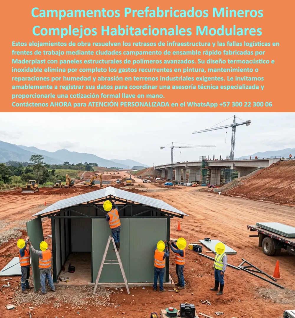 Campamento Prefabricado Personal Minero Campamento Maderplast - Módulo habitacional color verde oliva con estructura metálica gris siendo ensamblado por cuatro operarios sobre terreno rojizo compactado, con camión de suministro de paneles al fondo y megaobra vial con puente en construcción activa: esta imagen documenta el momento exacto que diferencia un campamento prefabricado minero de instalación rápida de cualquier construcción temporal convencional, cuatro operarios sin maquinaria especializada ensamblando en horas una estructura termoacústica inoxidable que operará sin mantenimiento durante toda la vida del proyecto minero, vial o de infraestructura pesada Maderplast. En operaciones mineras, proyectos viales de gran escala y frentes de explotación en zonas remotas, el tiempo que transcurre entre la llegada del personal y el momento en que ese personal tiene alojamiento digno, seguro y con condiciones mínimas de descanso real determina directamente la productividad operativa desde la primera semana. Un trabajador alojado en carpa improvisada, container sin aislamiento térmico o estructura metálica sin acondicionamiento acústico no descansa efectivamente entre turnos, acumula fatiga física y cognitiva que genera errores operativos con consecuencias HSE documentadas y abandona el proyecto antes de completar el contrato, generando costos de rotación y reentrenamiento que el presupuesto de operaciones absorbe silenciosamente sin identificarlos como consecuencia directa de infraestructura habitacional deficiente. El sistema de ensamble en seco con paneles de plástico técnico de alta densidad verde oliva y estructura metálica galvanizada permite que cuatro operarios sin experiencia especializada en construcción modular instalen un módulo habitacional completo en pocas horas siguiendo el protocolo Maderplast, sin grúa, sin soldadura en campo, sin obra civil húmeda y sin tiempo de curado que retrase la ocupación. El diseño termoacústico integrado en el panel de doble capa aísla el interior de las temperaturas extremas del entorno minero, del ruido permanente de maquinaria pesada en operación continua y de la humedad de zonas tropicales o lluviosas, garantizando las condiciones de descanso efectivo que las normativas de bienestar laboral en minería exigen y que las aseguradoras de grandes proyectos verifican en sus auditorías periódicas. El conjunto de dormitorios para campamento minero personalizado instalado, el complejo habitacional minero de instalación rápida, las construcciones modulares termoacústicas para explotación minera y los alojamientos prefabricados para personal de obra en zonas remotas se fabrican sobre plano, con configuraciones de dormitorios individuales o compartidos, módulos de servicios sanitarios, comedores y oficinas técnicas integrados en un sistema coherente, con fichas técnicas, renders de implantación y cotización directa de fábrica para proyectos de cualquier escala. Maderplast diseña, fabrica, transporta e instala llave en mano desde la conceptualización hasta la primera noche de ocupación del personal. Asesoría Especializada con un Especialista de Maderplast, Atención Personalizada en este WhatsApp +57 300 22 300 06. Complejo Habitacional Minero Instalación Rápida Construcciones Modulares Termoacusticas Para Explotacion Minera, Conjunto Dormitorios Campamento Minero Personalizado Instalado Campamento Prefabricado Personal Minero Campamento Maderplast Complejo Habitacional Minero Instalación Rápida Construcciones Modulares Termoacusticas Para Explotacion Minera Conjunto Dormitorios Campamento Minero Personalizado Instalado Módulo habitacional color verde oliva con estructura metálica gris siendo ensamblado por cuatro operarios sobre terreno rojizo compactado, con camión de suministro de paneles al fondo y megaobra vial con puente en construcción activa: esta imagen documenta el momento exacto que diferencia un campamento prefabricado minero de instalación rápida de cualquier construcción temporal convencional, cuatro operarios sin maquinaria especializada ensamblando en horas una estructura termoacústica inoxidable que operará sin mantenimiento durante toda la vida del proyecto minero, vial o de infraestructura pesada Maderplast. En operaciones mineras, proyectos viales de gran escala y frentes de explotación en zonas remotas, el tiempo que transcurre entre la llegada del personal y el momento en que ese personal tiene alojamiento digno, seguro y con condiciones mínimas de descanso real determina directamente la productividad operativa desde la primera semana. Un trabajador alojado en carpa improvisada, container sin aislamiento térmico o estructura metálica sin acondicionamiento acústico no descansa efectivamente entre turnos, acumula fatiga física y cognitiva que genera errores operativos con consecuencias HSE documentadas y abandona el proyecto antes de completar el contrato, generando costos de rotación y reentrenamiento que el presupuesto de operaciones absorbe silenciosamente sin identificarlos como consecuencia directa de infraestructura habitacional deficiente. El sistema de ensamble en seco con paneles de plástico técnico de alta densidad verde oliva y estructura metálica galvanizada permite que cuatro operarios sin experiencia especializada en construcción modular instalen un módulo habitacional completo en pocas horas siguiendo el protocolo Maderplast, sin grúa, sin soldadura en campo, sin obra civil húmeda y sin tiempo de curado que retrase la ocupación. El diseño termoacústico integrado en el panel de doble capa aísla el interior de las temperaturas extremas del entorno minero, del ruido permanente de maquinaria pesada en operación continua y de la humedad de zonas tropicales o lluviosas, garantizando las condiciones de descanso efectivo que las normativas de bienestar laboral en minería exigen y que las aseguradoras de grandes proyectos verifican en sus auditorías periódicas. El conjunto de dormitorios para campamento minero personalizado instalado, el complejo habitacional minero de instalación rápida, las construcciones modulares termoacústicas para explotación minera y los alojamientos prefabricados para personal de obra en zonas remotas se fabrican sobre plano, con configuraciones de dormitorios individuales o compartidos, módulos de servicios sanitarios, comedores y oficinas técnicas integrados en un sistema coherente, con fichas técnicas, renders de implantación y cotización directa de fábrica para proyectos de cualquier escala. Maderplast diseña, fabrica, transporta e instala llave en mano desde la conceptualización hasta la primera noche de ocupación del personal. Asesoría Especializada con un Especialista de Maderplast, Atención Personalizada en este WhatsApp +57 300 22 300 06.