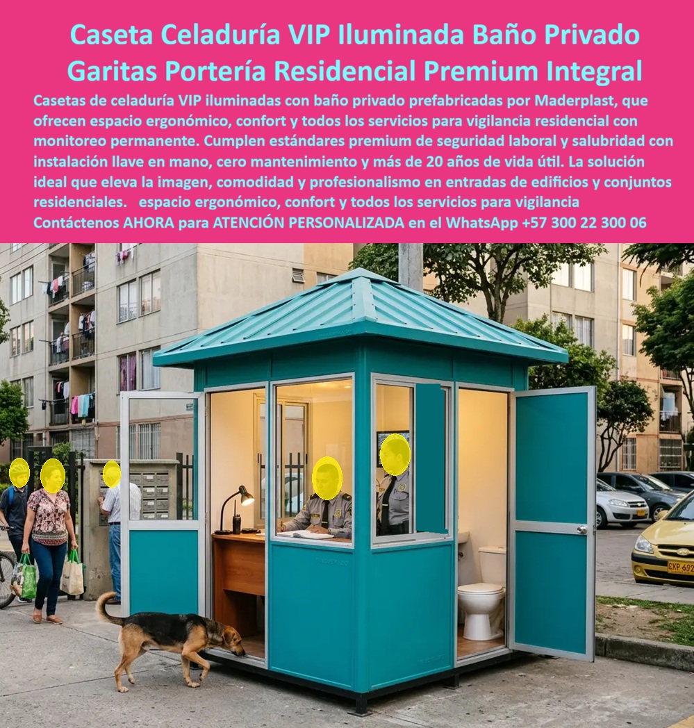 Caseta Celaduría VIP Iluminada Garita Portería Baño Privado Maderplast - Caseta de celaduría VIP color turquesa intenso con techo a cuatro aguas tipo pagoda, ventanas panorámicas en todos los lados con marcos plateados, interior completamente equipado con escritorio de madera, lámpara, radio de comunicaciones, celador uniformado en función activa y sanitario blanco integrado en módulo lateral, iluminada con LED cálido y con puerta lateral de acceso, Maderplast instalada sobre andén en acceso de conjunto residencial urbano colombiano: esta imagen muestra con precisión total lo que un puesto de vigilancia residencial con monitoreo permanente debe ser, no una garita vacía y fría donde el celador cuenta las horas, sino un espacio de trabajo completo, digno, funcional y profesional que garantiza vigilancia efectiva real durante los 365 días del año incluyendo turnos nocturnos, fines de semana y temporadas de lluvia intensa. Cada administrador de propiedad horizontal, cada empresa de vigilancia y cada copropietario que ha gestionado conflictos laborales con celadores que abandonan el puesto en turno nocturno, que reclaman condiciones sanitarias inadecuadas o que presentan bajo rendimiento por fatiga en espacios incómodos, entiende exactamente el problema que resuelve esta caseta de celaduría VIP iluminada con baño privado fabricada por Maderplast. Un celador que tiene escritorio ergonómico para documentar ingresos, iluminación LED adecuada para trabajo nocturno, baño privado integrado a metros de su posición y temperatura interior estable gracias al aislamiento térmico del plástico técnico de alta densidad, es un celador que permanece en su puesto, que registra con precisión cada visitante y que responde con eficacia ante cualquier novedad, convirtiendo la inversión en seguridad del conjunto en un resultado operativo real y no en una presencia decorativa que abandona la garita en la primera madrugada fría. El sanitario blanco integrado visible en la imagen no es un accesorio opcional: es el elemento que determina si la instalación cumple la normativa laboral colombiana de seguridad y salud en el trabajo para personal en turno continuó, eliminando la exposición legal de la administración del conjunto ante inspecciones del Ministerio de Trabajo, quejas sindicales y reclamaciones por condiciones indebidas de puesto de trabajo que generan multas y procesos administrativos costosos. La garita de entrada de edificio prefabricada integral llave en mano Maderplast resuelve simultáneamente el cumplimiento normativo HSE, el confort laboral del personal y la imagen institucional del conjunto en una sola inversión de bajo costo total de propiedad, sin obras civiles, sin tiempo de curado y sin interrupciones del servicio de vigilancia durante la instalación. El plástico técnico turquesa de alta densidad resiste sin degradación la humedad permanente del andén urbano, los rayos UV, el vandalismo, la suciedad ambiental de zonas de alto tráfico peatonal y vehicular, y el uso continuo intensivo de múltiples turnos diarios durante más de 20 años sin repintado, sin sellados y sin reposición estructural. Su color turquesa institucional se mantiene integral y brillante año tras año, proyectando una imagen de cuidado y profesionalismo que valoriza la percepción del conjunto ante residentes, visitantes e inmobiliarias. Las pruebas de resistencia extrema verificables en youtube.com/@maderplasSA respaldan técnicamente cada afirmación para el administrador o gerente de compras que necesita certeza antes de aprobar la inversión, eliminando el riesgo percibido que frena las decisiones de compra en propiedad horizontal. El puesto de vigilancia residencial con monitoreo permanente, la caseta de vigilancia con baño privado prefabricada integral, la garita de portería residencial premium llave en mano y el módulo de celaduría VIP iluminado para conjuntos cerrados y edificios de apartamentos se fabrican sobre plano, a la medida exacta del acceso, en colores institucionales del conjunto, con escritorio integrado, iluminación LED, sanitario completo y todas las instalaciones eléctricas e hidrosanitarias listas para conectar, con fichas técnicas descargables, planos acotados, renders realistas y cotización directa de fábrica sin intermediarios. Asesoría Especializada con un Especialista de Maderplast, Atención Personalizada en este WhatsApp +57 300 22 300 06. Puesto De Vigilancia Residencial Con Monitoreo Permanente, Caseta De Vigilancia Con Baño Privado Prefabricada Integral Llave En Mano, Garita Entrada Edificio Alto Caseta Celaduría VIP Iluminada Garita Portería Baño Privado Maderplast Puesto De Vigilancia Residencial Con Monitoreo Permanente Caseta De Vigilancia Con Baño Privado Prefabricada Integral Llave En Mano Garita Entrada Edificio Alto Caseta de celaduría VIP color turquesa intenso con techo a cuatro aguas tipo pagoda, ventanas panorámicas en todos los lados con marcos plateados, interior completamente equipado con escritorio de madera, lámpara, radio de comunicaciones, celador uniformado en función activa y sanitario blanco integrado en módulo lateral, iluminada con LED cálido y con puerta lateral de acceso, Maderplast instalada sobre andén en acceso de conjunto residencial urbano colombiano: esta imagen muestra con precisión total lo que un puesto de vigilancia residencial con monitoreo permanente debe ser, no una garita vacía y fría donde el celador cuenta las horas, sino un espacio de trabajo completo, digno, funcional y profesional que garantiza vigilancia efectiva real durante los 365 días del año incluyendo turnos nocturnos, fines de semana y temporadas de lluvia intensa. Cada administrador de propiedad horizontal, cada empresa de vigilancia y cada copropietario que ha gestionado conflictos laborales con celadores que abandonan el puesto en turno nocturno, que reclaman condiciones sanitarias inadecuadas o que presentan bajo rendimiento por fatiga en espacios incómodos, entiende exactamente el problema que resuelve esta caseta de celaduría VIP iluminada con baño privado fabricada por Maderplast. Un celador que tiene escritorio ergonómico para documentar ingresos, iluminación LED adecuada para trabajo nocturno, baño privado integrado a metros de su posición y temperatura interior estable gracias al aislamiento térmico del plástico técnico de alta densidad, es un celador que permanece en su puesto, que registra con precisión cada visitante y que responde con eficacia ante cualquier novedad, convirtiendo la inversión en seguridad del conjunto en un resultado operativo real y no en una presencia decorativa que abandona la garita en la primera madrugada fría. El sanitario blanco integrado visible en la imagen no es un accesorio opcional: es el elemento que determina si la instalación cumple la normativa laboral colombiana de seguridad y salud en el trabajo para personal en turno continuó, eliminando la exposición legal de la administración del conjunto ante inspecciones del Ministerio de Trabajo, quejas sindicales y reclamaciones por condiciones indebidas de puesto de trabajo que generan multas y procesos administrativos costosos. La garita de entrada de edificio prefabricada integral llave en mano Maderplast resuelve simultáneamente el cumplimiento normativo HSE, el confort laboral del personal y la imagen institucional del conjunto en una sola inversión de bajo costo total de propiedad, sin obras civiles, sin tiempo de curado y sin interrupciones del servicio de vigilancia durante la instalación. El plástico técnico turquesa de alta densidad resiste sin degradación la humedad permanente del andén urbano, los rayos UV, el vandalismo, la suciedad ambiental de zonas de alto tráfico peatonal y vehicular, y el uso continuo intensivo de múltiples turnos diarios durante más de 20 años sin repintado, sin sellados y sin reposición estructural. Su color turquesa institucional se mantiene integral y brillante año tras año, proyectando una imagen de cuidado y profesionalismo que valoriza la percepción del conjunto ante residentes, visitantes e inmobiliarias. Las pruebas de resistencia extrema verificables en youtube.com/@maderplasSA respaldan técnicamente cada afirmación para el administrador o gerente de compras que necesita certeza antes de aprobar la inversión, eliminando el riesgo percibido que frena las decisiones de compra en propiedad horizontal. El puesto de vigilancia residencial con monitoreo permanente, la caseta de vigilancia con baño privado prefabricada integral, la garita de portería residencial premium llave en mano y el módulo de celaduría VIP iluminado para conjuntos cerrados y edificios de apartamentos se fabrican sobre plano, a la medida exacta del acceso, en colores institucionales del conjunto, con escritorio integrado, iluminación LED, sanitario completo y todas las instalaciones eléctricas e hidrosanitarias listas para conectar, con fichas técnicas descargables, planos acotados, renders realistas y cotización directa de fábrica sin intermediarios. Asesoría Especializada con un Especialista de Maderplast, Atención Personalizada en este WhatsApp +57 300 22 300 06.