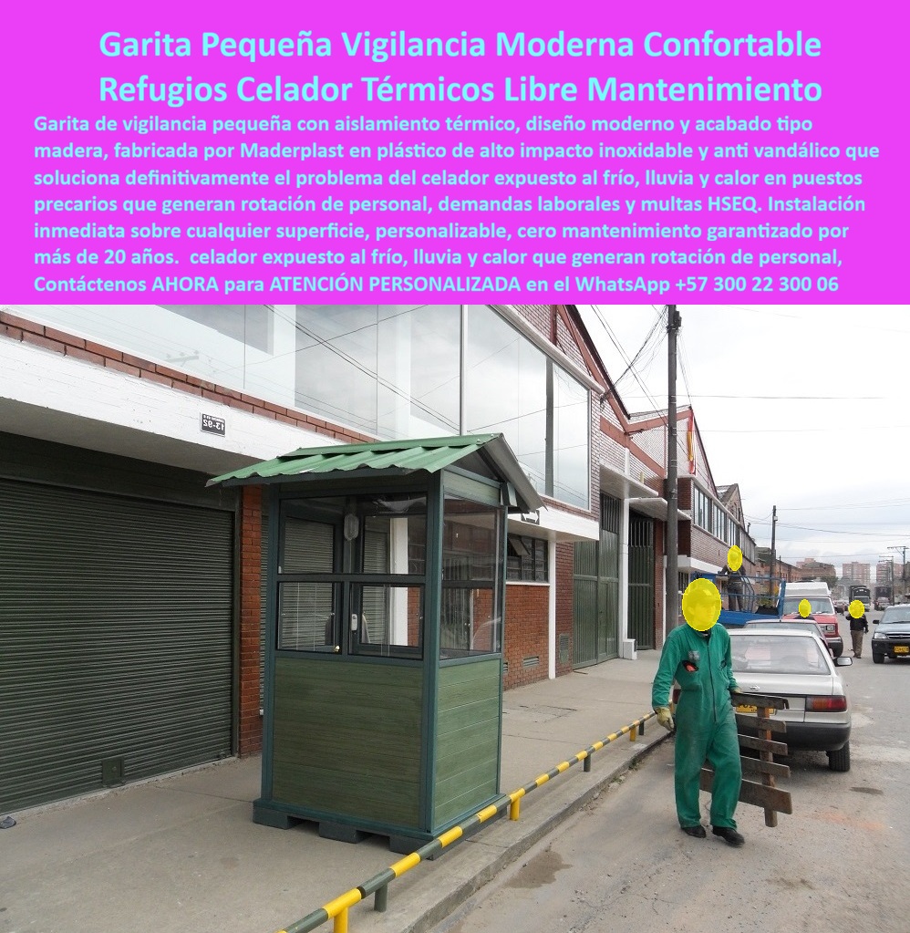 Caseta Vigilancia Pequeña Confortable Diseño Moderno Maderplast - Garita compacta color verde oscuro con paneles verticales acanalados, techo a dos aguas con alero frontal, ventana con persiana horizontal, puerta con cerradura y rejilla de ventilación inferior, instalada sobre andén en zona industrial urbana bogotana con cielo nublado, trabajador con overol verde operando pluma de control de acceso amarillo y negro Maderplast: esta garita pequeña de vigilancia moderna confortable representa exactamente la solución que miles de bodegas industriales, locales comerciales, parqueaderos, talleres y establecimientos de pequeño y mediano formato en Bogotá y las principales ciudades colombianas necesitan para cumplir sus obligaciones laborales con el personal de vigilancia sin incurrir en la inversión de una garita de gran formato que su espacio de andén no permite instalar. El problema específico que resuelve esta garita control pequeña industrial resistente de bajo costo de mantenimiento es el más común y el menos atendido en el segmento comercial e industrial urbano colombiano: el celador que lleva años trabajando en un puesto sin ninguna protección climática real en Bogotá, donde el frío nocturno de la Sabana baja de 8 grados centígrados en cualquier mes del año y la lluvia puede durar horas continuas sin previo aviso, no es un trabajador que aguanta las condiciones: es un empleado que rota constantemente, que genera ausentismo, que reclama a través de la empresa de vigilancia contratada y que expone al empleador a inspecciones laborales que documentan exactamente lo que cualquier auditor del Ministerio de Trabajo identifica como condición insegura e indigna de puesto de trabajo en los primeros dos minutos de visita. El aislamiento térmico integrado en los paneles de plástico técnico de alta densidad verde oscuro mantiene la temperatura interior entre 8 y 10 grados por encima de la temperatura exterior sin calefacción activa, convirtiendo el puesto refugio celador con aislamiento térmico libre de mantenimiento en la solución técnica correcta para el frío de la Sabana de Bogotá, los Andes nariñenses y cualquier zona de altura donde el celador actualmente improvisa con cobijas, calentadores eléctricos sin protección y cajas de cartón como barreras contra el viento. La rejilla de ventilación inferior visible en la imagen garantiza circulación de aire fresco que elimina la condensación interior sin generar corrientes que reduzcan la temperatura, manteniendo el ambiente interior seco, ventilado y confortable durante turnos nocturnos de 12 horas sin ventilación mecánica que requiera mantenimiento. El diseño refugio vigilante compacto en plástico técnico verde oscuro no requiere repintado, no se oxida con la humedad permanente del clima bogotano, no genera bordes cortantes por deterioro como las garitas metálicas envejecidas, resiste los impactos de vehículos en maniobra en andenes estrechos sin deformarse estructuralmente y mantiene su presentación profesional institucional durante más de 20 años sin ningún costo de mantenimiento, un argumento financiero inapelable para el propietario de una bodega o local comercial que calcula el costo real de operar su punto de vigilancia en el mediano plazo. Su formato compacto permite instalación sobre cualquier superficie, andén, plataforma de concreto o base nivelada sin obra civil, en pocas horas y sin interrumpir la operación del establecimiento. La garita control pequeña industrial resistente a impacto, el puesto de vigilancia compacto libre de mantenimiento para zonas industriales urbanas, el refugio térmico para celador en clima frío y el shelter compacto prefabricado para locales comerciales y bodegas se fabrican sobre plano, en colores corporativos, con cotización directa de fábrica. Asesoría Especializada con un Especialista de Maderplast, Atención Personalizada en este WhatsApp +57 300 22 300 06. Garita Control Pequeña Industrial Resistente Impacto Bajo Costo Mantenimiento, Puesto Refugio Celador Con Aislamiento Termico Libre Mantenimiento Diseño Refugio Vigilante Caseta Vigilancia Pequeña Confortable Diseño Moderno Maderplast Garita Control Pequeña Industrial Resistente Impacto Bajo Costo Mantenimiento Puesto Refugio Celador Con Aislamiento Termico Libre Mantenimiento Diseño Refugio Vigilante Garita compacta color verde oscuro con paneles verticales acanalados, techo a dos aguas con alero frontal, ventana con persiana horizontal, puerta con cerradura y rejilla de ventilación inferior, instalada sobre andén en zona industrial urbana bogotana con cielo nublado, trabajador con overol verde operando pluma de control de acceso amarillo y negro Maderplast: esta garita pequeña de vigilancia moderna confortable representa exactamente la solución que miles de bodegas industriales, locales comerciales, parqueaderos, talleres y establecimientos de pequeño y mediano formato en Bogotá y las principales ciudades colombianas necesitan para cumplir sus obligaciones laborales con el personal de vigilancia sin incurrir en la inversión de una garita de gran formato que su espacio de andén no permite instalar. El problema específico que resuelve esta garita control pequeña industrial resistente de bajo costo de mantenimiento es el más común y el menos atendido en el segmento comercial e industrial urbano colombiano: el celador que lleva años trabajando en un puesto sin ninguna protección climática real en Bogotá, donde el frío nocturno de la Sabana baja de 8 grados centígrados en cualquier mes del año y la lluvia puede durar horas continuas sin previo aviso, no es un trabajador que aguanta las condiciones: es un empleado que rota constantemente, que genera ausentismo, que reclama a través de la empresa de vigilancia contratada y que expone al empleador a inspecciones laborales que documentan exactamente lo que cualquier auditor del Ministerio de Trabajo identifica como condición insegura e indigna de puesto de trabajo en los primeros dos minutos de visita. El aislamiento térmico integrado en los paneles de plástico técnico de alta densidad verde oscuro mantiene la temperatura interior entre 8 y 10 grados por encima de la temperatura exterior sin calefacción activa, convirtiendo el puesto refugio celador con aislamiento térmico libre de mantenimiento en la solución técnica correcta para el frío de la Sabana de Bogotá, los Andes nariñenses y cualquier zona de altura donde el celador actualmente improvisa con cobijas, calentadores eléctricos sin protección y cajas de cartón como barreras contra el viento. La rejilla de ventilación inferior visible en la imagen garantiza circulación de aire fresco que elimina la condensación interior sin generar corrientes que reduzcan la temperatura, manteniendo el ambiente interior seco, ventilado y confortable durante turnos nocturnos de 12 horas sin ventilación mecánica que requiera mantenimiento. El diseño refugio vigilante compacto en plástico técnico verde oscuro no requiere repintado, no se oxida con la humedad permanente del clima bogotano, no genera bordes cortantes por deterioro como las garitas metálicas envejecidas, resiste los impactos de vehículos en maniobra en andenes estrechos sin deformarse estructuralmente y mantiene su presentación profesional institucional durante más de 20 años sin ningún costo de mantenimiento, un argumento financiero inapelable para el propietario de una bodega o local comercial que calcula el costo real de operar su punto de vigilancia en el mediano plazo. Su formato compacto permite instalación sobre cualquier superficie, andén, plataforma de concreto o base nivelada sin obra civil, en pocas horas y sin interrumpir la operación del establecimiento. La garita control pequeña industrial resistente a impacto, el puesto de vigilancia compacto libre de mantenimiento para zonas industriales urbanas, el refugio térmico para celador en clima frío y el shelter compacto prefabricado para locales comerciales y bodegas se fabrican sobre plano, en colores corporativos, con cotización directa de fábrica. Asesoría Especializada con un Especialista de Maderplast, Atención Personalizada en este WhatsApp +57 300 22 300 06.