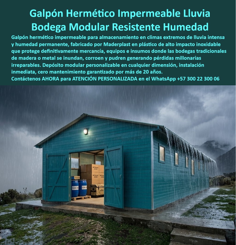Galpón Hermético Protección Lluvia Extrema Bodega Impermeable Maderplast - Galpón modular color verde teal con paneles horizontales, techo de gran altura a dos aguas, puerta doble tipo granero abierta mostrando cajas de materiales, tambores industriales azules y estibas perfectamente organizadas en interior completamente seco, foco LED exterior encendido, con lluvia torrencial intensa generando cascadas por el techo, suelo inundado alrededor y cielo tormentoso sobre zona montañosa rural Maderplast: esta imagen documenta en condiciones climáticas extremas reales lo que distingue fundamentalmente una bodega de almacenamiento impermeable de verdad de una bodega que simplemente resiste la lluvia moderada hasta que llega la tormenta que nadie anticipó y destruye en una noche el inventario que tardó meses en acumular. El argumento que más dinero cuesta ignorar en la gestión de bodegas rurales, campamentos de obra, depósitos de insumos agrícolas y almacenes de materiales en zonas de alta pluviosidad es simple y documentado: una sola tormenta que penetra una bodega convencional de madera o metal con fallas de sello en juntas, tejas mal ancladas o condensación interior acumulada puede destruir en horas inventarios de materiales, equipos electrónicos, insumos químicos, documentación técnica y activos críticos cuyo valor supera entre diez y cien veces el costo de la bodega misma. La bodega modular contra lluvia de resguardo total Maderplast elimina ese riesgo por diseño de material, no por mantenimiento preventivo que se olvida, no por selladores que se degradan y no por techos que se anclan bien hasta que el viento los levanta. Los paneles horizontales de plástico técnico de alta densidad real no tienen juntas abiertas que filtren cuando la lluvia es lateral y persistente: el sistema de traslape geométrico entre paneles desvía el agua por gravedad hacia afuera en cualquier ángulo de impacto del viento, incluyendo los vientos huracanados de frente que generan presión positiva sobre la fachada y succiones negativas sobre los laterales que son precisamente las condiciones que hacen fallar las bodegas metálicas convencionales. El techo a dos aguas de gran altura y pendiente pronunciada evacúa el volumen máximo de lluvia tropical sin acumulación, sin deformación de cubierta bajo el peso del agua estancada y sin filtraciones por las ondas de la lámina que en techos planos o de baja pendiente se convierten en puntos permanentes de humedad interior. La plataforma elevada de concreto visible en la imagen resuelve el segundo vector de falla más común en bodegas de zonas lluviosas: la inundación del terreno circundante que ingresa por debajo de la puerta y por capilaridad ascendente a través de pisos de tierra o concreto poroso. Con el piso interior elevado sobre el nivel máximo de inundación del entorno, los materiales almacenados permanecen secos aunque el exterior esté completamente anegado, convirtiendo el depósito shelter impermeable grande resistente a clima y humedad extrema en un refugio de activos que opera con plena confiabilidad en los eventos climáticos que precisamente son los que más daño generan al inventario en bodegas convencionales. El foco LED exterior encendido durante la tormenta confirma que la instalación eléctrica permanece completamente funcional en condiciones de lluvia extrema, respaldada por el sellado hermético de todas las entradas de cableado en la estructura. La caseta almacenamiento resistente a clima extremo, la bodega modular hermética para zonas de alta pluviosidad, el depósito shelter impermeable para campamentos y haciendas y el galpón prefabricado para resguardo total de materiales e insumos se fabrican sobre plano, en cualquier dimensión requerida, con plataforma elevada incluida, fichas técnicas y cotización directa de fábrica. Asesoría Especializada con un Especialista de Maderplast, Atención Personalizada en este WhatsApp +57 300 22 300 06. Casetas Almacenamiento Resistentes Al Clima Extremo, Deposito Shelter Impermeable Grande Resistente Clima Humedad Extrema, Bodega Modular Contra Lluvia Resguardo Galpón Hermético Protección Lluvia Extrema Bodega Impermeable Maderplast Casetas Almacenamiento Resistentes Al Clima Extremo Deposito Shelter Impermeable Grande Resistente Clima Humedad Extrema Bodega Modular Contra Lluvia Resguardo Galpón modular color verde teal con paneles horizontales, techo de gran altura a dos aguas, puerta doble tipo granero abierta mostrando cajas de materiales, tambores industriales azules y estibas perfectamente organizadas en interior completamente seco, foco LED exterior encendido, con lluvia torrencial intensa generando cascadas por el techo, suelo inundado alrededor y cielo tormentoso sobre zona montañosa rural Maderplast: esta imagen documenta en condiciones climáticas extremas reales lo que distingue fundamentalmente una bodega de almacenamiento impermeable de verdad de una bodega que simplemente resiste la lluvia moderada hasta que llega la tormenta que nadie anticipó y destruye en una noche el inventario que tardó meses en acumular. El argumento que más dinero cuesta ignorar en la gestión de bodegas rurales, campamentos de obra, depósitos de insumos agrícolas y almacenes de materiales en zonas de alta pluviosidad es simple y documentado: una sola tormenta que penetra una bodega convencional de madera o metal con fallas de sello en juntas, tejas mal ancladas o condensación interior acumulada puede destruir en horas inventarios de materiales, equipos electrónicos, insumos químicos, documentación técnica y activos críticos cuyo valor supera entre diez y cien veces el costo de la bodega misma. La bodega modular contra lluvia de resguardo total Maderplast elimina ese riesgo por diseño de material, no por mantenimiento preventivo que se olvida, no por selladores que se degradan y no por techos que se anclan bien hasta que el viento los levanta. Los paneles horizontales de plástico técnico de alta densidad real no tienen juntas abiertas que filtren cuando la lluvia es lateral y persistente: el sistema de traslape geométrico entre paneles desvía el agua por gravedad hacia afuera en cualquier ángulo de impacto del viento, incluyendo los vientos huracanados de frente que generan presión positiva sobre la fachada y succiones negativas sobre los laterales que son precisamente las condiciones que hacen fallar las bodegas metálicas convencionales. El techo a dos aguas de gran altura y pendiente pronunciada evacúa el volumen máximo de lluvia tropical sin acumulación, sin deformación de cubierta bajo el peso del agua estancada y sin filtraciones por las ondas de la lámina que en techos planos o de baja pendiente se convierten en puntos permanentes de humedad interior. La plataforma elevada de concreto visible en la imagen resuelve el segundo vector de falla más común en bodegas de zonas lluviosas: la inundación del terreno circundante que ingresa por debajo de la puerta y por capilaridad ascendente a través de pisos de tierra o concreto poroso. Con el piso interior elevado sobre el nivel máximo de inundación del entorno, los materiales almacenados permanecen secos aunque el exterior esté completamente anegado, convirtiendo el depósito shelter impermeable grande resistente a clima y humedad extrema en un refugio de activos que opera con plena confiabilidad en los eventos climáticos que precisamente son los que más daño generan al inventario en bodegas convencionales. El foco LED exterior encendido durante la tormenta confirma que la instalación eléctrica permanece completamente funcional en condiciones de lluvia extrema, respaldada por el sellado hermético de todas las entradas de cableado en la estructura. La caseta almacenamiento resistente a clima extremo, la bodega modular hermética para zonas de alta pluviosidad, el depósito shelter impermeable para campamentos y haciendas y el galpón prefabricado para resguardo total de materiales e insumos se fabrican sobre plano, en cualquier dimensión requerida, con plataforma elevada incluida, fichas técnicas y cotización directa de fábrica. Asesoría Especializada con un Especialista de Maderplast, Atención Personalizada en este WhatsApp +57 300 22 300 06.