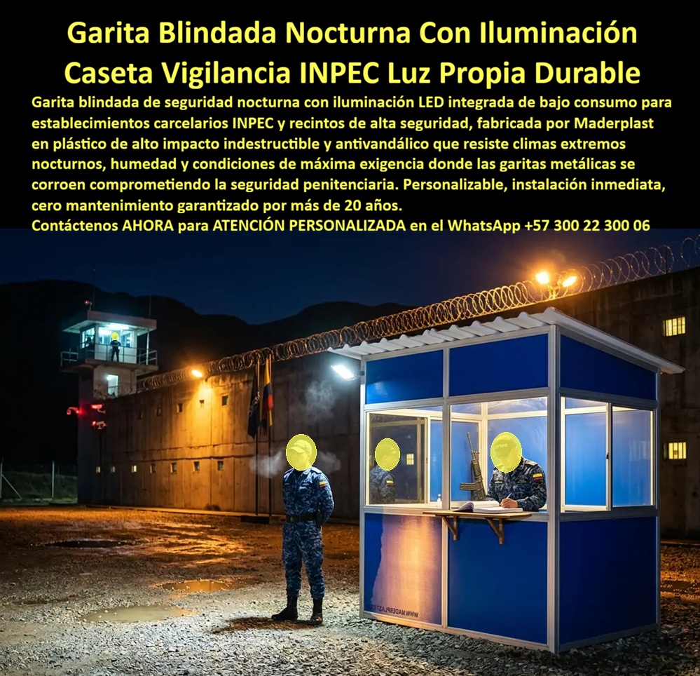 Garitas Blindadas De Seguridad Caseta Nocturna Con Luz Maderplast - Garita de seguridad nocturna color azul institucional con paneles macizos en parte inferior, ventanas panorámicas con marcos plateados, techo plano con alero, ventanilla de atención lateral e iluminación LED interior cálida encendida que proyecta luz hacia el exterior en plena madrugada, con personal INPEC armado documentando ingresos dentro y guardia en posición exterior, Maderplast muro perimetral con concertina, torre de control iluminada y suelo húmedo con reflejos de agua al fondo: esta imagen captura el momento operativo más crítico de cualquier establecimiento carcelario, la madrugada, cuando la vigilancia perimetral no puede fallar, cuando el cansancio del personal es mayor y cuando la iluminación del puesto de control determina si el guardia detecta una anomalía a tiempo o la descubre demasiado tarde. La garita blindada nocturna con iluminación integrada de bajo consumo no es un lujo operativo en un establecimiento penitenciario INPEC: es un requisito de seguridad no negociable. Un puesto de control carcelario sin iluminación propia confiable depende completamente de la red eléctrica del establecimiento, y cualquier corte de energía, falla de generador o sabotaje intencional del suministro eléctrico convierte el perímetro más crítico del establecimiento en un punto ciego exactamente cuando más se necesita visibilidad. El sistema LED de bajo consumo integrado en la garita Maderplast opera de forma autónoma con batería de respaldo, garantizando que el puesto de control permanezca iluminado y operativo independientemente del estado de la red eléctrica principal, eliminando la vulnerabilidad de seguridad perimetral más explotada en intentos de fuga documentados en establecimientos carcelarios de América Latina. La iluminación LED cálida visible desde el exterior en la imagen cumple además una función disuasoria psicológica que los protocolos de seguridad penitenciaria internacional reconocen como crítica: un puesto de control visiblemente iluminado, con personal claramente visible desde el exterior, comunica presencia activa y capacidad de respuesta inmediata, disuadiendo intentos de aproximación no autorizada al perímetro desde el primer instante de detección visual. La garita oscura o débilmente iluminada comunica exactamente lo contrario, y en un entorno de seguridad máxima esa diferencia perceptual tiene consecuencias operativas documentadas. El plástico técnico de alto impacto azul institucional con el que Maderplast fabrica los paneles macizos de esta caseta de vigilancia nocturna INPEC durable sin mantenimiento resiste sin degradación la humedad permanente de establecimientos en zonas andinas con lluvia frecuente, los cambios térmicos extremos entre el día caluroso y la madrugada fría, los impactos de alta energía en intentos de forzamiento del perímetro, la salinidad de establecimientos costeros y el vandalismo sistemático característico de entornos carcelarios de alta conflictividad, todo durante más de 20 años de operación continua en tres turnos sin repintado, sin corrosión, sin deformación estructural y sin ningún costo de mantenimiento que impacte el presupuesto operativo del establecimiento. Las ventanas panorámicas con marcos plateados garantizan visibilidad nocturna completa del interior hacia el exterior sin exposición directa del personal, permitiendo documentar ingresos, verificar credenciales y operar sistemas de comunicación con protección estructural total ante incidentes de seguridad. El puesto de control nocturno carcelario antivandálico iluminado, la garita de seguridad INPEC con luz propia y cero mantenimiento, la caseta perimetral penitenciaria blindada para operación nocturna continua y el shelter de vigilancia para recintos de alta seguridad se fabrican sobre plano, en colores institucionales certificados, con sistema de iluminación LED dimensionado, batería de respaldo y fichas técnicas para procesos de contratación pública. Asesoría Especializada con un Especialista de Maderplast, Atención Personalizada en este WhatsApp +57 300 22 300 06. Garita De Seguridad Con Iluminación Integrada Bajo Consumo, Caseta Vigilancia Nocturna INPEC Luz Propia Durable Sin Mantenimiento, Puesto Control Nocturno Carcelario A Garitas Blindadas De Seguridad Caseta Nocturna Con Luz Maderplast Garita De Seguridad Con Iluminación Integrada Bajo Consumo Caseta Vigilancia Nocturna INPEC Luz Propia Durable Sin Mantenimiento Puesto Control Nocturno Carcelario A Garita de seguridad nocturna color azul institucional con paneles macizos en parte inferior, ventanas panorámicas con marcos plateados, techo plano con alero, ventanilla de atención lateral e iluminación LED interior cálida encendida que proyecta luz hacia el exterior en plena madrugada, con personal INPEC armado documentando ingresos dentro y guardia en posición exterior, Maderplast muro perimetral con concertina, torre de control iluminada y suelo húmedo con reflejos de agua al fondo: esta imagen captura el momento operativo más crítico de cualquier establecimiento carcelario, la madrugada, cuando la vigilancia perimetral no puede fallar, cuando el cansancio del personal es mayor y cuando la iluminación del puesto de control determina si el guardia detecta una anomalía a tiempo o la descubre demasiado tarde. La garita blindada nocturna con iluminación integrada de bajo consumo no es un lujo operativo en un establecimiento penitenciario INPEC: es un requisito de seguridad no negociable. Un puesto de control carcelario sin iluminación propia confiable depende completamente de la red eléctrica del establecimiento, y cualquier corte de energía, falla de generador o sabotaje intencional del suministro eléctrico convierte el perímetro más crítico del establecimiento en un punto ciego exactamente cuando más se necesita visibilidad. El sistema LED de bajo consumo integrado en la garita Maderplast opera de forma autónoma con batería de respaldo, garantizando que el puesto de control permanezca iluminado y operativo independientemente del estado de la red eléctrica principal, eliminando la vulnerabilidad de seguridad perimetral más explotada en intentos de fuga documentados en establecimientos carcelarios de América Latina. La iluminación LED cálida visible desde el exterior en la imagen cumple además una función disuasoria psicológica que los protocolos de seguridad penitenciaria internacional reconocen como crítica: un puesto de control visiblemente iluminado, con personal claramente visible desde el exterior, comunica presencia activa y capacidad de respuesta inmediata, disuadiendo intentos de aproximación no autorizada al perímetro desde el primer instante de detección visual. La garita oscura o débilmente iluminada comunica exactamente lo contrario, y en un entorno de seguridad máxima esa diferencia perceptual tiene consecuencias operativas documentadas. El plástico técnico de alto impacto azul institucional con el que Maderplast fabrica los paneles macizos de esta caseta de vigilancia nocturna INPEC durable sin mantenimiento resiste sin degradación la humedad permanente de establecimientos en zonas andinas con lluvia frecuente, los cambios térmicos extremos entre el día caluroso y la madrugada fría, los impactos de alta energía en intentos de forzamiento del perímetro, la salinidad de establecimientos costeros y el vandalismo sistemático característico de entornos carcelarios de alta conflictividad, todo durante más de 20 años de operación continua en tres turnos sin repintado, sin corrosión, sin deformación estructural y sin ningún costo de mantenimiento que impacte el presupuesto operativo del establecimiento. Las ventanas panorámicas con marcos plateados garantizan visibilidad nocturna completa del interior hacia el exterior sin exposición directa del personal, permitiendo documentar ingresos, verificar credenciales y operar sistemas de comunicación con protección estructural total ante incidentes de seguridad. El puesto de control nocturno carcelario antivandálico iluminado, la garita de seguridad INPEC con luz propia y cero mantenimiento, la caseta perimetral penitenciaria blindada para operación nocturna continua y el shelter de vigilancia para recintos de alta seguridad se fabrican sobre plano, en colores institucionales certificados, con sistema de iluminación LED dimensionado, batería de respaldo y fichas técnicas para procesos de contratación pública. Asesoría Especializada con un Especialista de Maderplast, Atención Personalizada en este WhatsApp +57 300 22 300 06.
