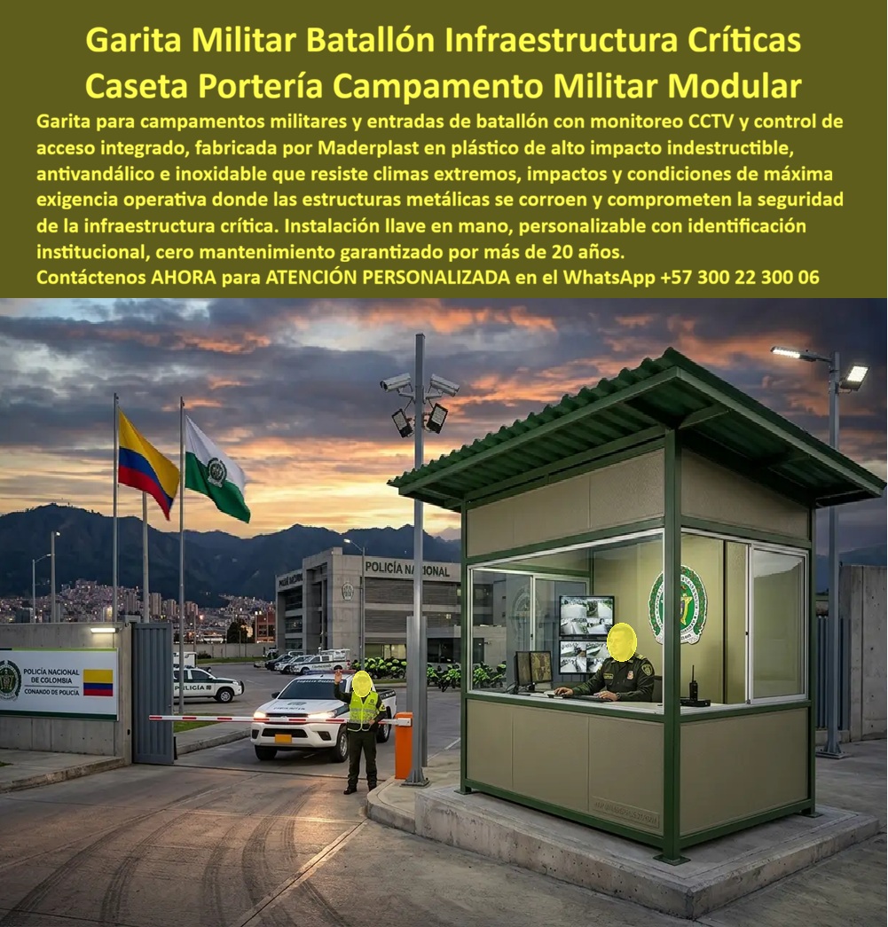 Garitas Campamentos Militares, Casetas Militares Portería Maderplast - GARITAS PARA CAMPAMENTOS MILITARES Y PUESTOS DE VIGILANCIA PARA INFRAESTRUCTURA CRÍTICA Las garitas para campamentos militares Maderplast han sido desarrolladas para batallones, bases operativas, instalaciones estratégicas, centros de entrenamiento, infraestructura crítica, estaciones de seguridad, complejos institucionales y puestos de control que requieren vigilancia permanente y funcionamiento continuo. La imagen muestra una caseta militar de portería instalada en un acceso institucional con monitoreo, control vehicular y supervisión de ingreso, diseñada para operar bajo condiciones de máxima exigencia. La garita para campamentos y entradas de batallón permite integrar control de acceso, monitoreo CCTV, comunicaciones, supervisión de visitantes y vigilancia perimetral dentro de una estructura resistente y de larga vida útil. Los puestos de vigilancia para infraestructura crítica deben funcionar permanentemente, incluso bajo lluvia, radiación solar, humedad, contaminación o condiciones ambientales agresivas. Fabricadas por Maderplast con polímeros estructurales de alta resistencia, estas casetas militares de portería resisten impactos, humedad, radiación ultravioleta y exposición continua a la intemperie sin presentar corrosión, oxidación ni deterioro estructural. A diferencia de las construcciones metálicas convencionales, no requieren pintura periódica ni costosos programas de mantenimiento. Las casetas de portería para campamento militar modular instaladas llave en mano permiten reducir tiempos de construcción y poner rápidamente en funcionamiento la infraestructura de seguridad. Su diseño modular facilita el transporte, la instalación y la adaptación a diferentes necesidades operativas, permitiendo incorporar áreas de monitoreo, comunicaciones, escritorios, equipos electrónicos y sistemas de control. Los puestos de vigilancia para infraestructura crítica son utilizados en instalaciones de seguridad, centros logísticos, bases operativas, zonas industriales, instalaciones energéticas, aeropuertos, puertos, proyectos estratégicos y complejos institucionales donde la continuidad operativa resulta fundamental. La amplia visibilidad mejora el control del entorno y aumenta la capacidad de supervisión del personal. La garita para campamentos y entradas de batallón también puede incorporar sistemas de iluminación, aire acondicionado, baños, redes de datos, sistemas de videovigilancia y control electrónico de accesos. Estas características mejoran las condiciones de trabajo y aumentan la eficiencia operativa del personal encargado de la seguridad. Las palabras clave que hoy buscan los responsables de infraestructura incluyen garitas campamentos militares, casetas militares portería, garita para campamentos y entradas batallón, puestos de vigilancia infraestructura crítica, caseta portería campamento militar modular instalada llave en mano segura, garita de seguridad institucional y caseta de control de acceso militar. Todas estas necesidades encuentran una solución técnica real en la ingeniería desarrollada por Maderplast. La resistencia a la humedad, la estabilidad estructural y la durabilidad superior permiten disminuir costos de mantenimiento, eliminar problemas de corrosión y garantizar una excelente presentación institucional durante muchos años. La estructura conserva su apariencia y funcionalidad incluso en ambientes de uso intensivo. Ingenieros, responsables de infraestructura, administradores de seguridad, contratistas institucionales y entidades encargadas de la protección de instalaciones encuentran en Maderplast una alternativa durable y confiable para proyectos de seguridad y control de acceso. Las pruebas de materiales, la experiencia en soluciones modulares y el respaldo técnico de Maderplast brindan tranquilidad a quienes deben especificar o aprobar este tipo de infraestructura. La inversión se traduce en mayor seguridad, menor mantenimiento y operación permanente. Cuando se requieren garitas para campamentos militares, casetas de portería institucional o puestos de vigilancia para infraestructura crítica, Maderplast ofrece una solución técnica, resistente y durable que protege las instalaciones y garantiza funcionamiento continuo durante muchos años. Asesoría Especializada Con Ingenieros De Maderplast. Atención Personalizada WhatsApp +57 300 223 0006. Garita Para Campamentos E Entradas Batallon, Puestos De Vigilancia Infraestructura Crítica Caseta Portería Campamento Militar Modular Instalada Llave En Mano Segura Garitas Campamentos Militares Casetas Militares Portería Maderplast Garita Para Campamentos E Entradas Batallon Puestos De Vigilancia Infraestructura Crítica Caseta Portería Campamento Militar Modular Instalada Llave En Mano Segura GARITAS PARA CAMPAMENTOS MILITARES Y PUESTOS DE VIGILANCIA PARA INFRAESTRUCTURA CRÍTICA Las garitas para campamentos militares Maderplast han sido desarrolladas para batallones, bases operativas, instalaciones estratégicas, centros de entrenamiento, infraestructura crítica, estaciones de seguridad, complejos institucionales y puestos de control que requieren vigilancia permanente y funcionamiento continuo. La imagen muestra una caseta militar de portería instalada en un acceso institucional con monitoreo, control vehicular y supervisión de ingreso, diseñada para operar bajo condiciones de máxima exigencia. La garita para campamentos y entradas de batallón permite integrar control de acceso, monitoreo CCTV, comunicaciones, supervisión de visitantes y vigilancia perimetral dentro de una estructura resistente y de larga vida útil. Los puestos de vigilancia para infraestructura crítica deben funcionar permanentemente, incluso bajo lluvia, radiación solar, humedad, contaminación o condiciones ambientales agresivas. Fabricadas por Maderplast con polímeros estructurales de alta resistencia, estas casetas militares de portería resisten impactos, humedad, radiación ultravioleta y exposición continua a la intemperie sin presentar corrosión, oxidación ni deterioro estructural. A diferencia de las construcciones metálicas convencionales, no requieren pintura periódica ni costosos programas de mantenimiento. Las casetas de portería para campamento militar modular instaladas llave en mano permiten reducir tiempos de construcción y poner rápidamente en funcionamiento la infraestructura de seguridad. Su diseño modular facilita el transporte, la instalación y la adaptación a diferentes necesidades operativas, permitiendo incorporar áreas de monitoreo, comunicaciones, escritorios, equipos electrónicos y sistemas de control. Los puestos de vigilancia para infraestructura crítica son utilizados en instalaciones de seguridad, centros logísticos, bases operativas, zonas industriales, instalaciones energéticas, aeropuertos, puertos, proyectos estratégicos y complejos institucionales donde la continuidad operativa resulta fundamental. La amplia visibilidad mejora el control del entorno y aumenta la capacidad de supervisión del personal. La garita para campamentos y entradas de batallón también puede incorporar sistemas de iluminación, aire acondicionado, baños, redes de datos, sistemas de videovigilancia y control electrónico de accesos. Estas características mejoran las condiciones de trabajo y aumentan la eficiencia operativa del personal encargado de la seguridad. Las palabras clave que hoy buscan los responsables de infraestructura incluyen garitas campamentos militares, casetas militares portería, garita para campamentos y entradas batallón, puestos de vigilancia infraestructura crítica, caseta portería campamento militar modular instalada llave en mano segura, garita de seguridad institucional y caseta de control de acceso militar. Todas estas necesidades encuentran una solución técnica real en la ingeniería desarrollada por Maderplast. La resistencia a la humedad, la estabilidad estructural y la durabilidad superior permiten disminuir costos de mantenimiento, eliminar problemas de corrosión y garantizar una excelente presentación institucional durante muchos años. La estructura conserva su apariencia y funcionalidad incluso en ambientes de uso intensivo. Ingenieros, responsables de infraestructura, administradores de seguridad, contratistas institucionales y entidades encargadas de la protección de instalaciones encuentran en Maderplast una alternativa durable y confiable para proyectos de seguridad y control de acceso. Las pruebas de materiales, la experiencia en soluciones modulares y el respaldo técnico de Maderplast brindan tranquilidad a quienes deben especificar o aprobar este tipo de infraestructura. La inversión se traduce en mayor seguridad, menor mantenimiento y operación permanente. Cuando se requieren garitas para campamentos militares, casetas de portería institucional o puestos de vigilancia para infraestructura crítica, Maderplast ofrece una solución técnica, resistente y durable que protege las instalaciones y garantiza funcionamiento continuo durante muchos años. Asesoría Especializada Con Ingenieros De Maderplast. Atención Personalizada WhatsApp +57 300 223 0006.