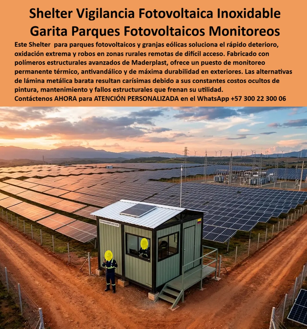 Shelter De Vigilancia Fotovoltaica Módulo De Vigilancia Maderplast - SHELTER FOTOVOLTAICO PARA PARQUES SOLARES Y MONITOREO PERMANENTE Los parques solares, granjas fotovoltaicas y proyectos de energía renovable requieren actualmente sistemas de vigilancia que funcionen permanentemente en ambientes extremadamente exigentes. El shelter de vigilancia fotovoltaica Maderplast ha sido desarrollado para solucionar los problemas de corrosión, deterioro, vandalismo y altos costos de mantenimiento que afectan las casetas metálicas convencionales instaladas en zonas rurales remotas. La garita para parque fotovoltaico de monitoreo permanente permite mantener personal de vigilancia, operadores de control y equipos de supervisión funcionando las veinticuatro horas del día. Su diseño modular incorpora aislamiento termoacústico, protección climática, ventilación, iluminación, sistemas de comunicación y espacios de trabajo ergonómicos que facilitan la operación continua. Las empresas de generación energética buscan actualmente soluciones de larga duración que reduzcan los costos de mantenimiento y garanticen la seguridad de las instalaciones. Por esta razón, las búsquedas del mercado incluyen términos como shelter de vigilancia fotovoltaica, garita para parque fotovoltaico monitoreo permanente exterior, caseta para energía solar, puesto de vigilancia para granja solar, torre de observación energía eólica, caseta de monitoreo remoto, garita antivandálica para parques solares y módulos de vigilancia para energías renovables. Los polímeros estructurales de alta ingeniería utilizados por Maderplast eliminan completamente los problemas de oxidación, corrosión, pintura y deterioro provocados por la humedad, la radiación ultravioleta y los cambios extremos de temperatura. A diferencia de las estructuras metálicas tradicionales, estas soluciones conservan su apariencia y funcionalidad durante décadas. La garita para parque fotovoltaico de monitoreo permanente exterior puede incorporar sistemas CCTV, redes de datos, estaciones de radio, computadores, monitoreo SCADA, sistemas de control de acceso y equipos de supervisión de subestaciones eléctricas. Esto convierte la caseta en un verdadero centro de control energético. Los parques solares se ubican frecuentemente en zonas alejadas donde los costos de mantenimiento son elevados. Por ello, un shelter de vigilancia fotovoltaica debe minimizar desplazamientos, reparaciones y sustituciones de materiales. La larga vida útil de la estructura permite reducir significativamente el costo total de operación. Las torres de observación para energía eólica y solar también requieren materiales resistentes a la radiación, al polvo, a los cambios de temperatura y a la exposición permanente. Las soluciones Maderplast mantienen su estabilidad dimensional sin agrietarse, oxidarse ni perder propiedades mecánicas. El aislamiento termoacústico interior mejora las condiciones del personal encargado del monitoreo permanente. Los operadores pueden desarrollar sus labores en ambientes confortables, protegidos del calor, el viento, la lluvia y las condiciones ambientales extremas. La instalación rápida de estos módulos permite ampliar la infraestructura de seguridad sin grandes obras civiles. Los shelters pueden fabricarse con sistemas de energía solar, baterías, iluminación autónoma y equipamiento técnico personalizado según cada proyecto energético. Los responsables de seguridad industrial, energía renovable y operación de parques solares buscan actualmente infraestructura durable, sostenible y de mínima intervención. Las casetas Maderplast ofrecen soluciones de alta resistencia para proyectos fotovoltaicos, parques eólicos, subestaciones eléctricas y centros de monitoreo remoto. La combinación entre imagen profesional, durabilidad, reducción de mantenimiento y protección operativa convierte a los shelters de vigilancia fotovoltaica Maderplast en una solución de largo plazo para la industria energética moderna. Atención técnica especializada y asesoría personalizada de la fábrica Maderplast. WhatsApp +57 300 223 0006. Garita Para Parque Fotovoltaico Monitoreo Permanente Exterior, Garita Para Parque Fotovoltaico Monitoreo Permanente Exterior, Torre Observación Energía Eólica Solar a Shelter De Vigilancia Fotovoltaica Módulo De Vigilancia Maderplast Garita Para Parque Fotovoltaico Monitoreo Permanente Exterior Garita Para Parque Fotovoltaico Monitoreo Permanente Exterior Torre Observación Energía Eólica Solar a SHELTER FOTOVOLTAICO PARA PARQUES SOLARES Y MONITOREO PERMANENTE Los parques solares, granjas fotovoltaicas y proyectos de energía renovable requieren actualmente sistemas de vigilancia que funcionen permanentemente en ambientes extremadamente exigentes. El shelter de vigilancia fotovoltaica Maderplast ha sido desarrollado para solucionar los problemas de corrosión, deterioro, vandalismo y altos costos de mantenimiento que afectan las casetas metálicas convencionales instaladas en zonas rurales remotas. La garita para parque fotovoltaico de monitoreo permanente permite mantener personal de vigilancia, operadores de control y equipos de supervisión funcionando las veinticuatro horas del día. Su diseño modular incorpora aislamiento termoacústico, protección climática, ventilación, iluminación, sistemas de comunicación y espacios de trabajo ergonómicos que facilitan la operación continua. Las empresas de generación energética buscan actualmente soluciones de larga duración que reduzcan los costos de mantenimiento y garanticen la seguridad de las instalaciones. Por esta razón, las búsquedas del mercado incluyen términos como shelter de vigilancia fotovoltaica, garita para parque fotovoltaico monitoreo permanente exterior, caseta para energía solar, puesto de vigilancia para granja solar, torre de observación energía eólica, caseta de monitoreo remoto, garita antivandálica para parques solares y módulos de vigilancia para energías renovables. Los polímeros estructurales de alta ingeniería utilizados por Maderplast eliminan completamente los problemas de oxidación, corrosión, pintura y deterioro provocados por la humedad, la radiación ultravioleta y los cambios extremos de temperatura. A diferencia de las estructuras metálicas tradicionales, estas soluciones conservan su apariencia y funcionalidad durante décadas. La garita para parque fotovoltaico de monitoreo permanente exterior puede incorporar sistemas CCTV, redes de datos, estaciones de radio, computadores, monitoreo SCADA, sistemas de control de acceso y equipos de supervisión de subestaciones eléctricas. Esto convierte la caseta en un verdadero centro de control energético. Los parques solares se ubican frecuentemente en zonas alejadas donde los costos de mantenimiento son elevados. Por ello, un shelter de vigilancia fotovoltaica debe minimizar desplazamientos, reparaciones y sustituciones de materiales. La larga vida útil de la estructura permite reducir significativamente el costo total de operación. Las torres de observación para energía eólica y solar también requieren materiales resistentes a la radiación, al polvo, a los cambios de temperatura y a la exposición permanente. Las soluciones Maderplast mantienen su estabilidad dimensional sin agrietarse, oxidarse ni perder propiedades mecánicas. El aislamiento termoacústico interior mejora las condiciones del personal encargado del monitoreo permanente. Los operadores pueden desarrollar sus labores en ambientes confortables, protegidos del calor, el viento, la lluvia y las condiciones ambientales extremas. La instalación rápida de estos módulos permite ampliar la infraestructura de seguridad sin grandes obras civiles. Los shelters pueden fabricarse con sistemas de energía solar, baterías, iluminación autónoma y equipamiento técnico personalizado según cada proyecto energético. Los responsables de seguridad industrial, energía renovable y operación de parques solares buscan actualmente infraestructura durable, sostenible y de mínima intervención. Las casetas Maderplast ofrecen soluciones de alta resistencia para proyectos fotovoltaicos, parques eólicos, subestaciones eléctricas y centros de monitoreo remoto. La combinación entre imagen profesional, durabilidad, reducción de mantenimiento y protección operativa convierte a los shelters de vigilancia fotovoltaica Maderplast en una solución de largo plazo para la industria energética moderna. Atención técnica especializada y asesoría personalizada de la fábrica Maderplast. WhatsApp +57 300 223 0006.