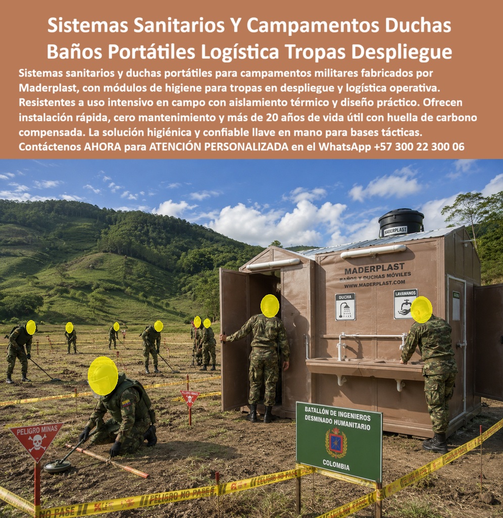 Sistemas Sanitarios Campamentos Duchas Baños Militares Maderplast - Módulo sanitario portátil color arena militar con señalización institucional, tanque elevado, ducha y lavamanos integrados, Maderplast siendo utilizado por soldados del Batallón de Ingenieros de Desminado Humanitario Colombia en operación activa con señales de peligro de minas y zona de seguridad demarcada en campo rural montañoso: esta imagen documenta el uso más exigente posible para un sistema sanitario portátil, una operación militar de alto riesgo en zona rural remota donde no existe red de servicios públicos, donde el personal opera bajo estrés extremo en turnos continuos y donde la higiene del personal no es un confort sino un requisito operativo crítico que determina la salud y la capacidad de combate de la unidad desplegada. Las duchas portátiles para tropas en despliegue y los módulos de higiene militar fabricados por Maderplast en plástico técnico de alta densidad color arena resuelven simultáneamente los cuatro requerimientos técnicos no negociables de sanidad militar en campo: autonomía hídrica total mediante tanque elevado que opera por gravedad sin bomba ni electricidad, resistencia estructural ante el transporte en vehículos militares todoterreno por caminos sin pavimentar que destruyen módulos de materiales frágiles en el primer desplazamiento, impermeabilidad permanente que garantiza higiene interior real en zonas de lluvia intensa sin filtración ni acumulación de humedad que genera hongos y bacterias en superficies de contacto, y peso reducido que permite carga y descarga manual por personal de tropa sin equipo especializado en cualquier punto del teatro de operaciones independientemente de las condiciones del terreno. El color arena caqui no es elección estética: es camuflaje funcional que integra el módulo sanitario al perfil visual del campamento militar sin generar contraste que lo identifique como objetivo desde distancia en zonas de operación de seguridad. El lavamanos exterior integrado en fachada permite higiene de manos inmediata a la salida sin contaminar el interior del módulo, un detalle técnico que las normas de sanidad militar consideran crítico para el control de infecciones gastrointestinales que son la primera causa de baja operativa no combatiente en unidades desplegadas en campo durante períodos prolongados. Los baños portátiles de logística militar con aislamiento térmico industrial mantienen temperatura interior habitable tanto en el frío nocturno de zonas de alta montaña como en el calor de zonas bajas tropicales, garantizando condiciones de higiene personal dignas que impactan directamente en la moral y el rendimiento operativo de la unidad. Los centros de higiene portátiles para PTAP, los módulos sanitarios para campamentos de desminado humanitario, las duchas portátiles para tropas en zonas sin infraestructura y los sistemas de baños móviles para operaciones humanitarias y militares se fabrican sobre plano, en colores institucionales de cada fuerza o entidad, con tanque dimensionado según número de usuarios, cotización directa de fábrica y capacidad de entrega rápida para requerimientos urgentes de logística operacional. Asesoría Especializada con un Especialista de Maderplast, Atención Personalizada en este WhatsApp +57 300 22 300 06. Duchas Portátiles Para Tropas En Despliegue, módulos de higiene militar, Baños Portatiles Logistica Militar Industriales Con Aislamiento Termico, Centros Higiene Ptar Sistemas Sanitarios Campamentos Duchas Baños Militares Maderplast Duchas Portátiles Para Tropas En Despliegue módulos de higiene militar Baños Portatiles Logistica Militar Industriales Con Aislamiento Termico Centros Higiene Ptar Módulo sanitario portátil color arena militar con señalización institucional, tanque elevado, ducha y lavamanos integrados, Maderplast siendo utilizado por soldados del Batallón de Ingenieros de Desminado Humanitario Colombia en operación activa con señales de peligro de minas y zona de seguridad demarcada en campo rural montañoso: esta imagen documenta el uso más exigente posible para un sistema sanitario portátil, una operación militar de alto riesgo en zona rural remota donde no existe red de servicios públicos, donde el personal opera bajo estrés extremo en turnos continuos y donde la higiene del personal no es un confort sino un requisito operativo crítico que determina la salud y la capacidad de combate de la unidad desplegada. Las duchas portátiles para tropas en despliegue y los módulos de higiene militar fabricados por Maderplast en plástico técnico de alta densidad color arena resuelven simultáneamente los cuatro requerimientos técnicos no negociables de sanidad militar en campo: autonomía hídrica total mediante tanque elevado que opera por gravedad sin bomba ni electricidad, resistencia estructural ante el transporte en vehículos militares todoterreno por caminos sin pavimentar que destruyen módulos de materiales frágiles en el primer desplazamiento, impermeabilidad permanente que garantiza higiene interior real en zonas de lluvia intensa sin filtración ni acumulación de humedad que genera hongos y bacterias en superficies de contacto, y peso reducido que permite carga y descarga manual por personal de tropa sin equipo especializado en cualquier punto del teatro de operaciones independientemente de las condiciones del terreno. El color arena caqui no es elección estética: es camuflaje funcional que integra el módulo sanitario al perfil visual del campamento militar sin generar contraste que lo identifique como objetivo desde distancia en zonas de operación de seguridad. El lavamanos exterior integrado en fachada permite higiene de manos inmediata a la salida sin contaminar el interior del módulo, un detalle técnico que las normas de sanidad militar consideran crítico para el control de infecciones gastrointestinales que son la primera causa de baja operativa no combatiente en unidades desplegadas en campo durante períodos prolongados. Los baños portátiles de logística militar con aislamiento térmico industrial mantienen temperatura interior habitable tanto en el frío nocturno de zonas de alta montaña como en el calor de zonas bajas tropicales, garantizando condiciones de higiene personal dignas que impactan directamente en la moral y el rendimiento operativo de la unidad. Los centros de higiene portátiles para PTAP, los módulos sanitarios para campamentos de desminado humanitario, las duchas portátiles para tropas en zonas sin infraestructura y los sistemas de baños móviles para operaciones humanitarias y militares se fabrican sobre plano, en colores institucionales de cada fuerza o entidad, con tanque dimensionado según número de usuarios, cotización directa de fábrica y capacidad de entrega rápida para requerimientos urgentes de logística operacional. Asesoría Especializada con un Especialista de Maderplast, Atención Personalizada en este WhatsApp +57 300 22 300 06.